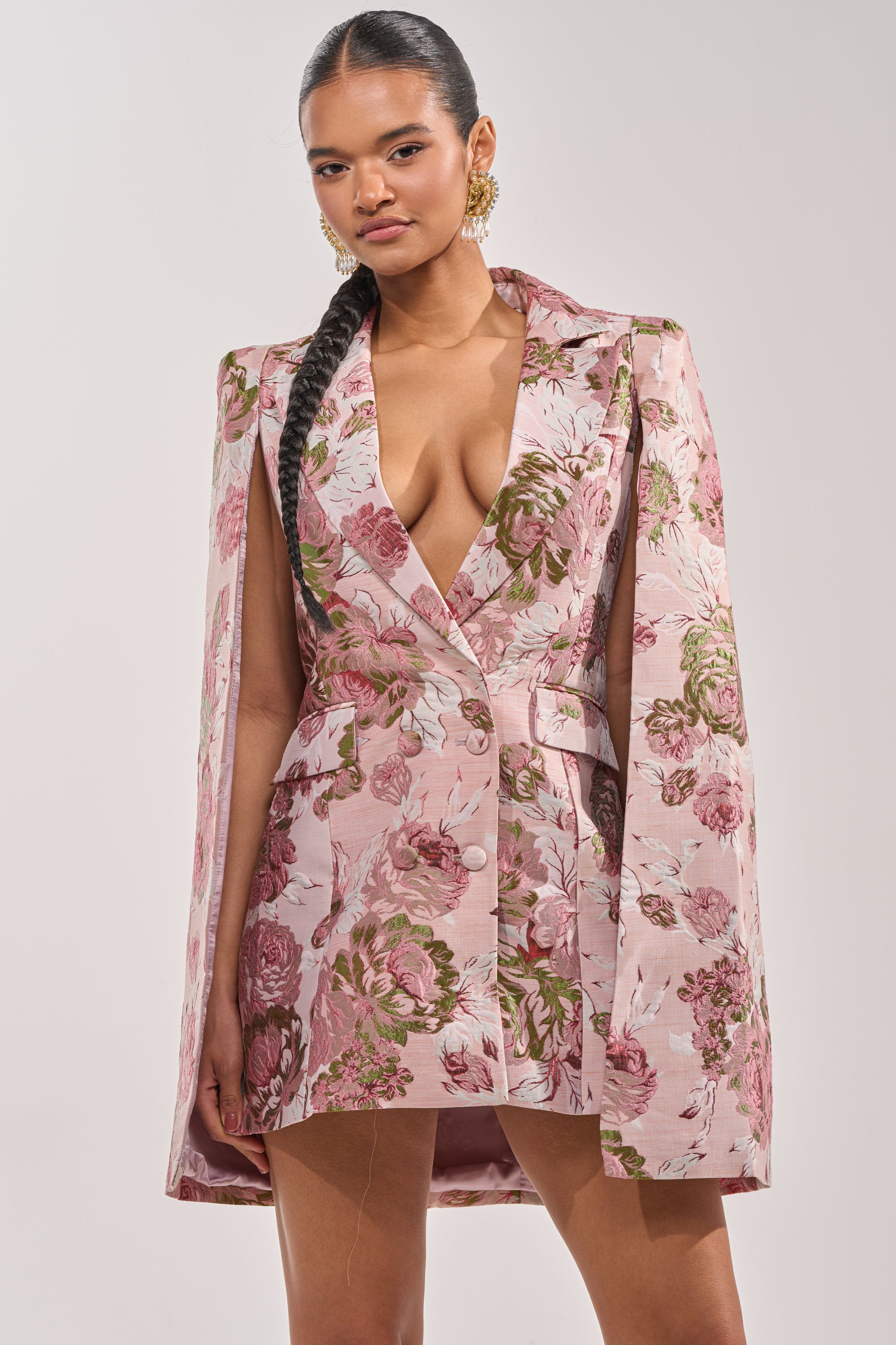 IMANI BROCADE CAPE SLEEVE BLAZER DRESS IN PINK