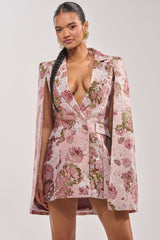 IMANI BROCADE CAPE SLEEVE BLAZER DRESS IN PINK