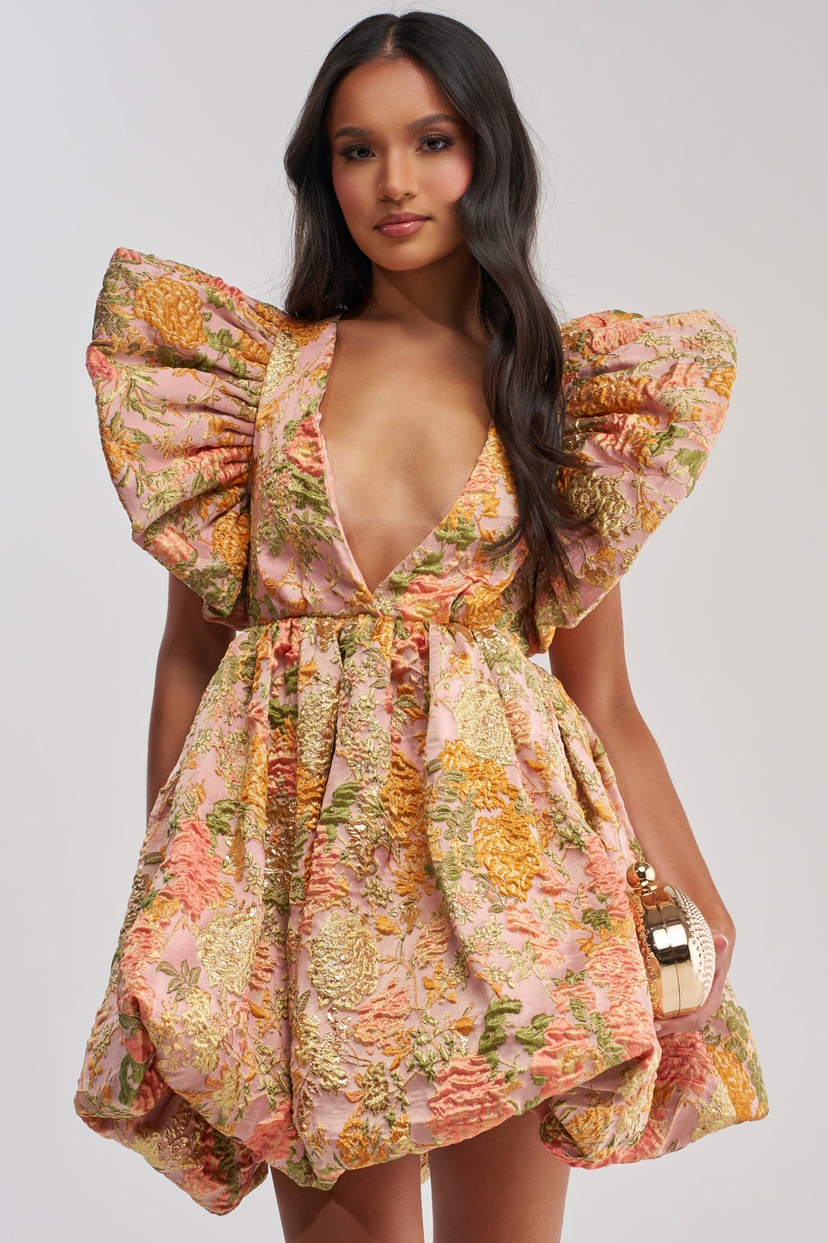 MAIN CHARACTER ENERGY BROCADE MINI DRESS IN PEACH