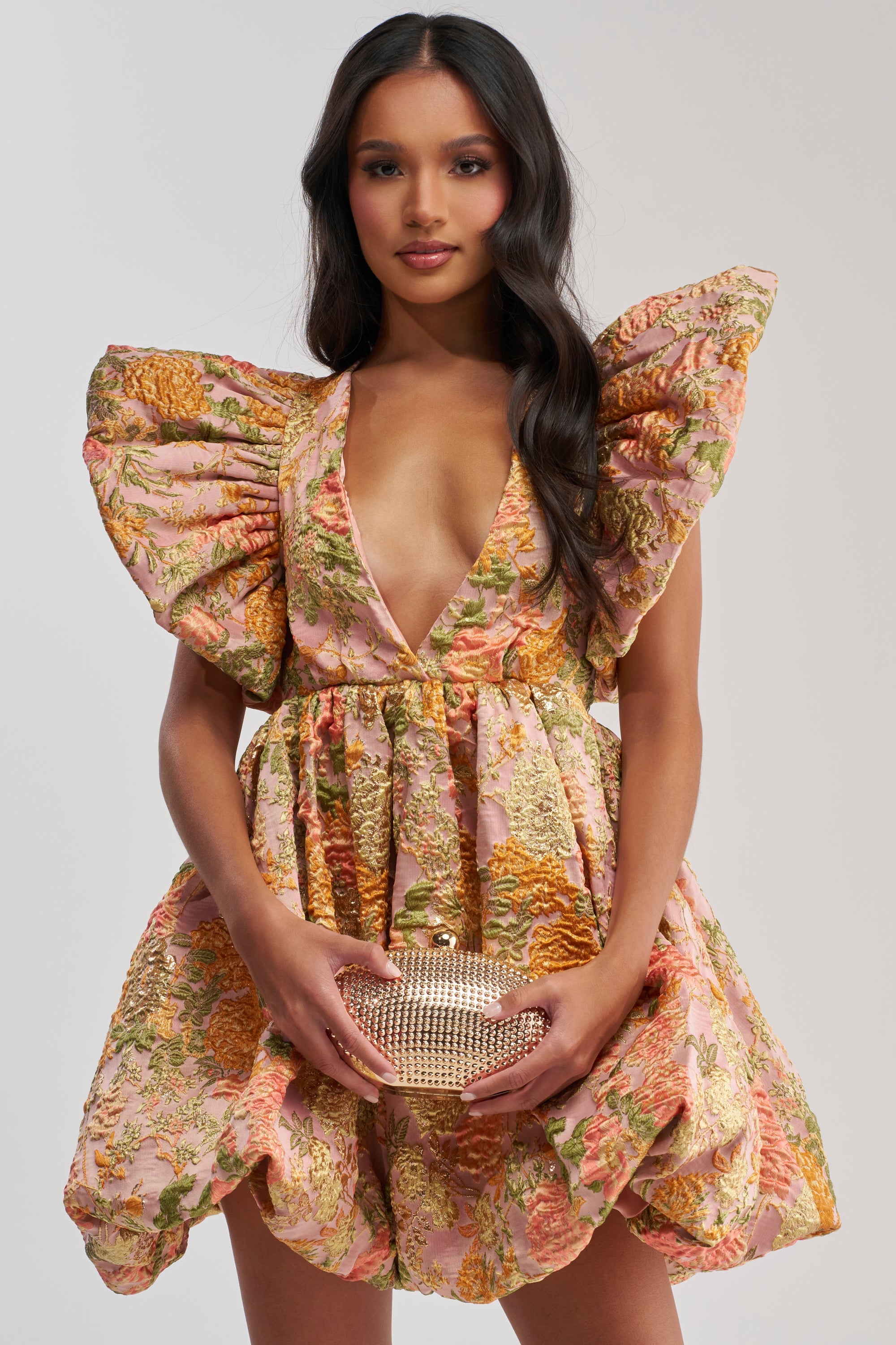 MAIN CHARACTER ENERGY BROCADE MINI DRESS IN PEACH