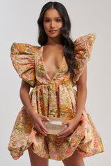 MAIN CHARACTER ENERGY BROCADE MINI DRESS IN PEACH