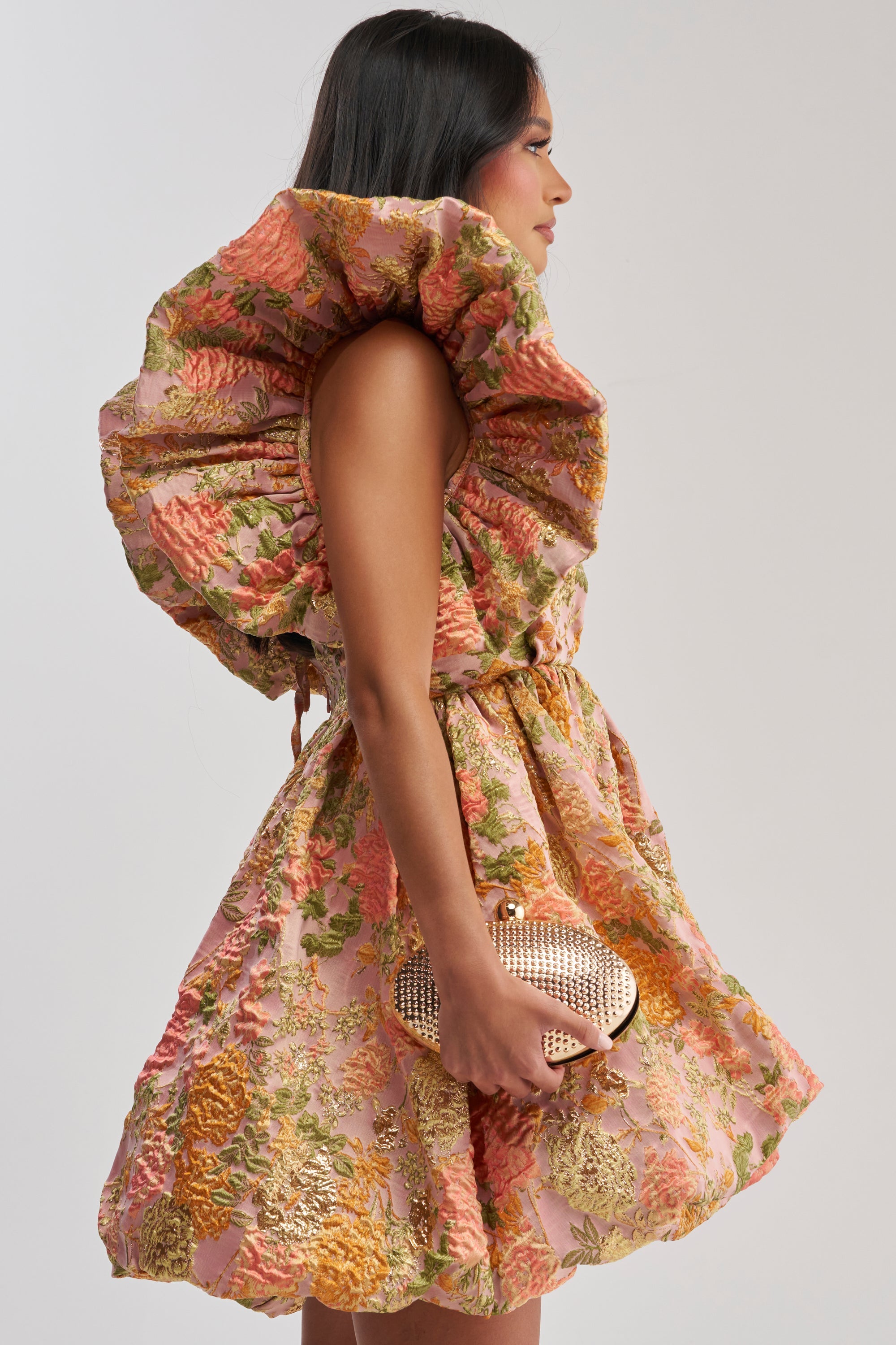 MAIN CHARACTER ENERGY BROCADE MINI DRESS IN PEACH