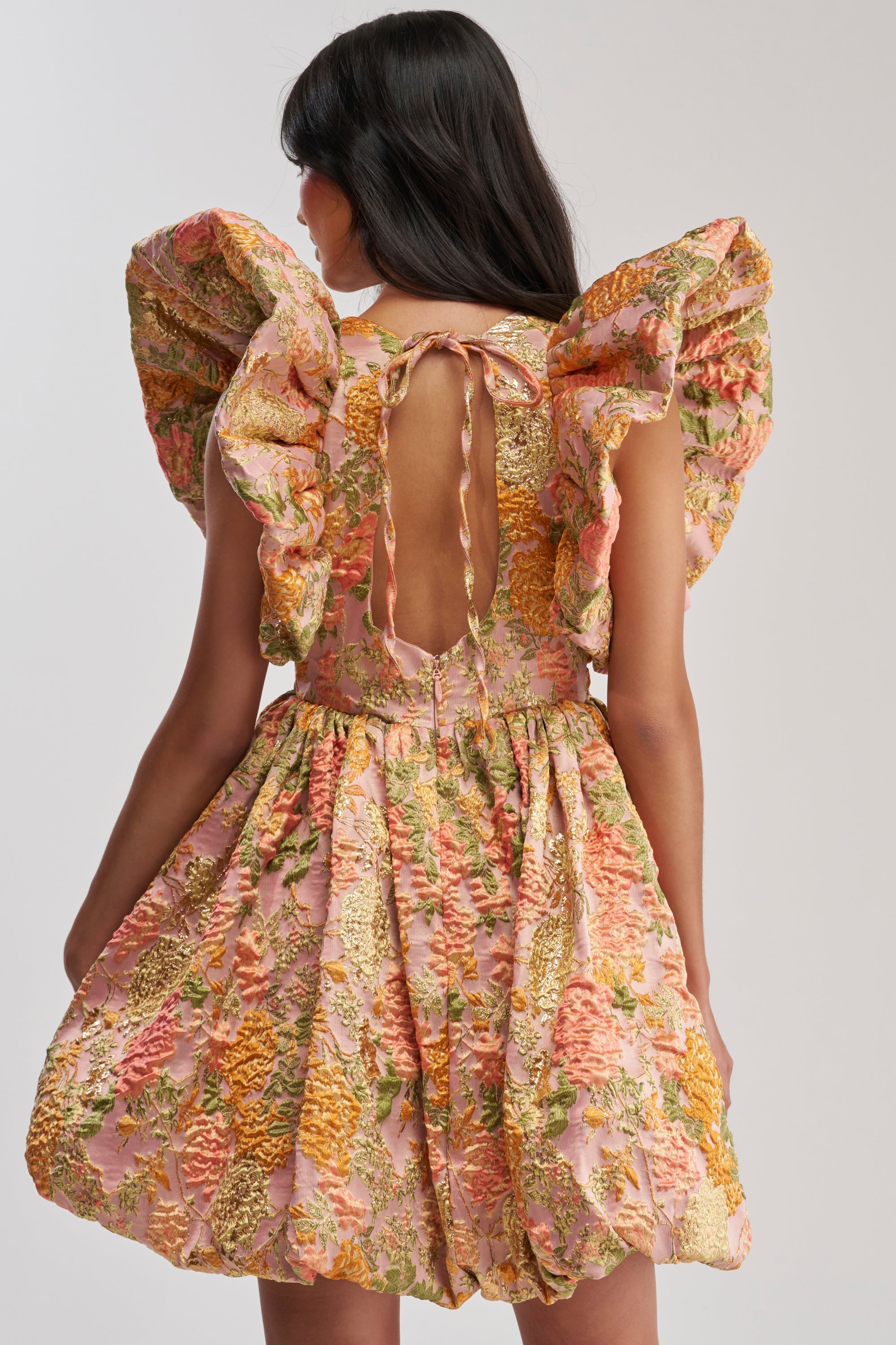MAIN CHARACTER ENERGY BROCADE MINI DRESS IN PEACH
