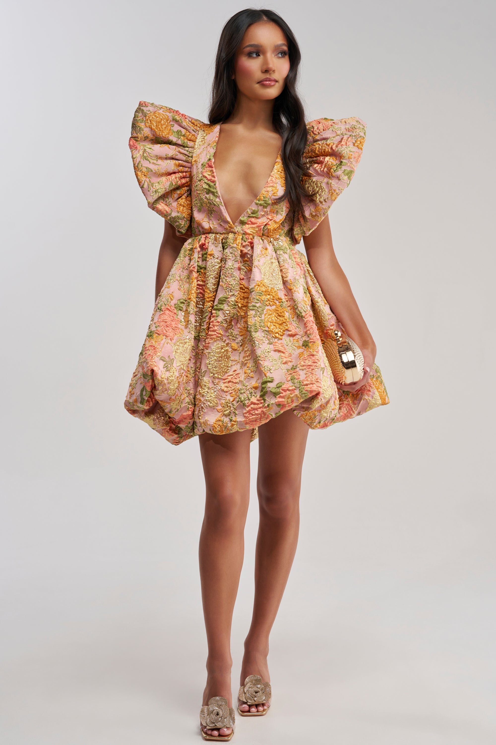MAIN CHARACTER ENERGY BROCADE MINI DRESS IN PEACH