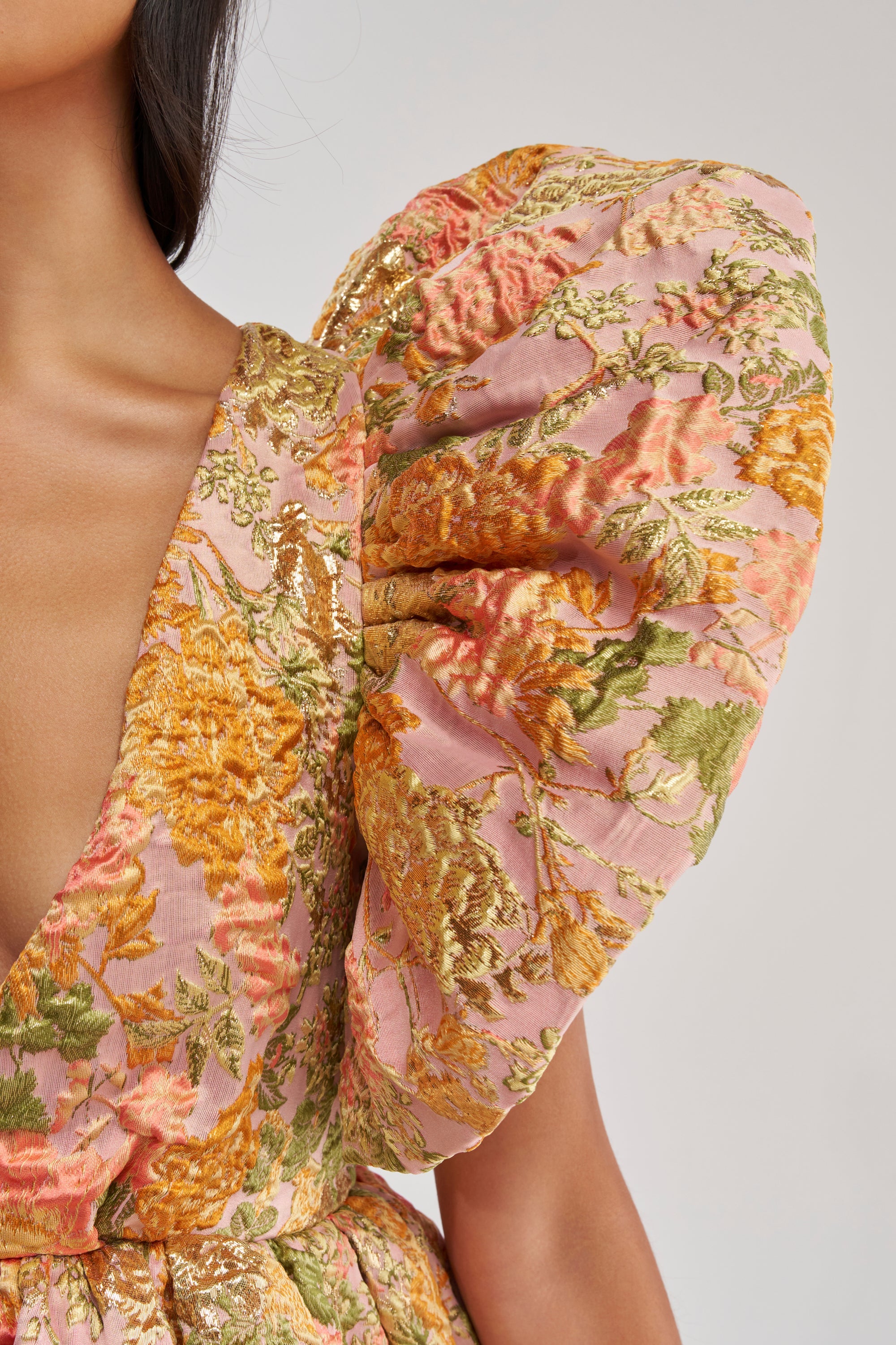 MAIN CHARACTER ENERGY BROCADE MINI DRESS IN PEACH