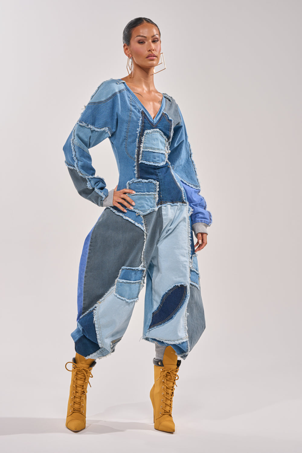 COMFY COZY DENIM PATCHWORK JUMPSUIT