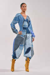 COMFY COZY DENIM PATCHWORK JUMPSUIT