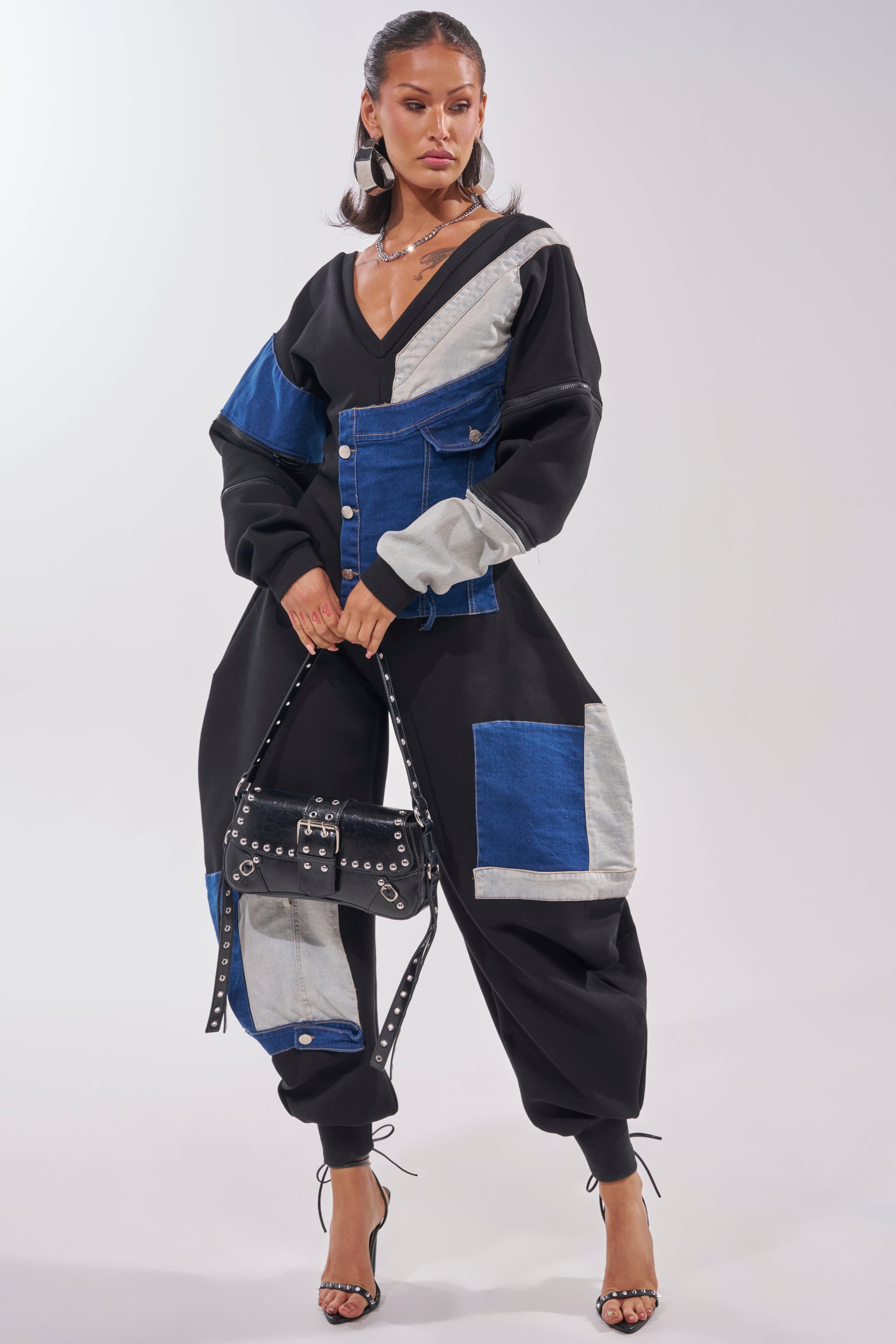 COMFY COZY PATCHWORK JUMPSUIT IN BLACK