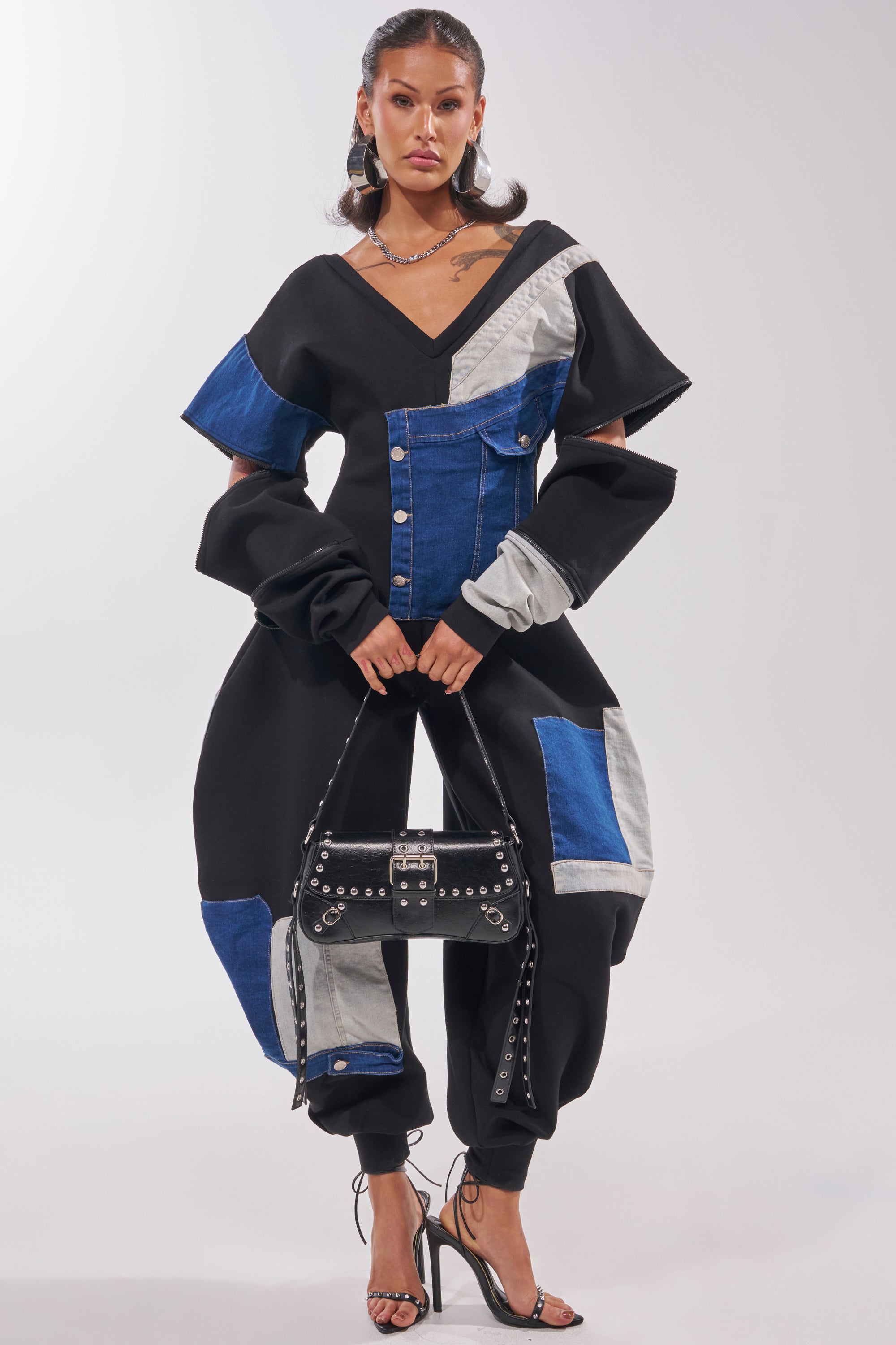 COMFY COZY PATCHWORK JUMPSUIT IN BLACK
