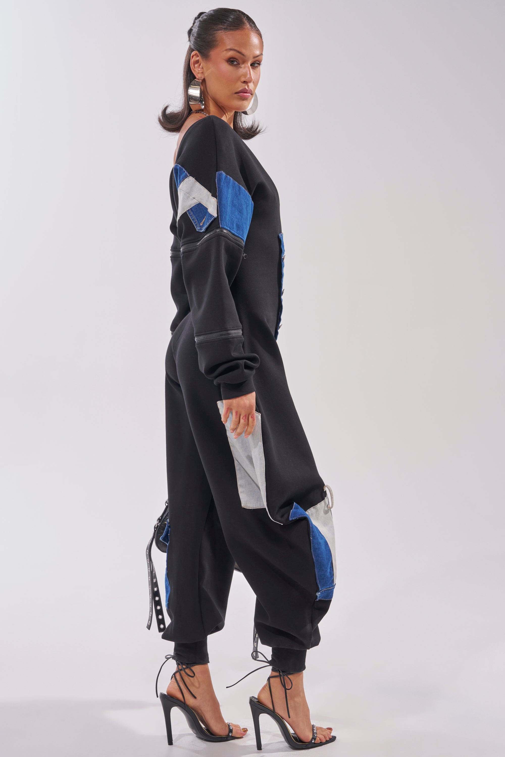 COMFY COZY PATCHWORK JUMPSUIT IN BLACK