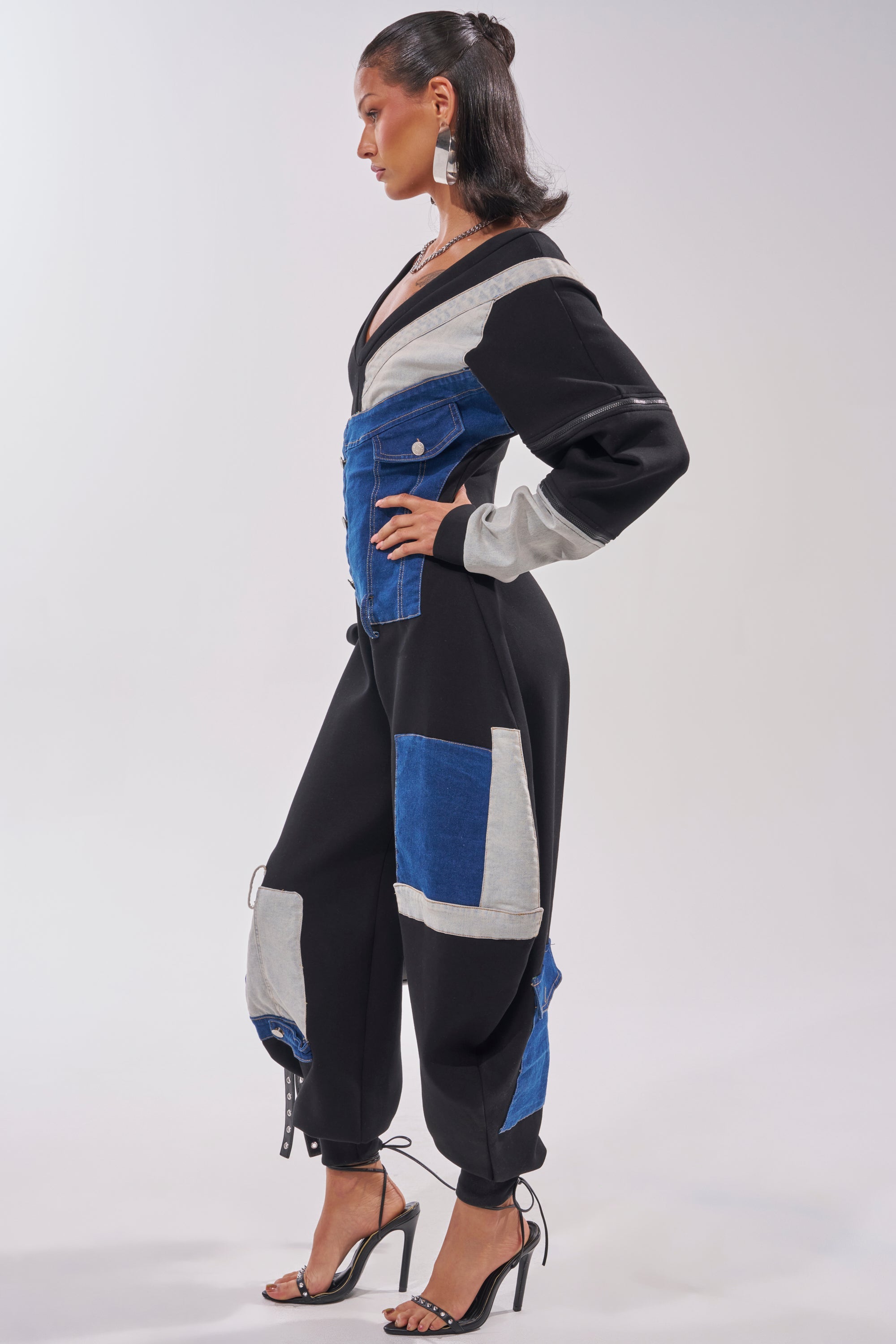 COMFY COZY PATCHWORK JUMPSUIT IN BLACK