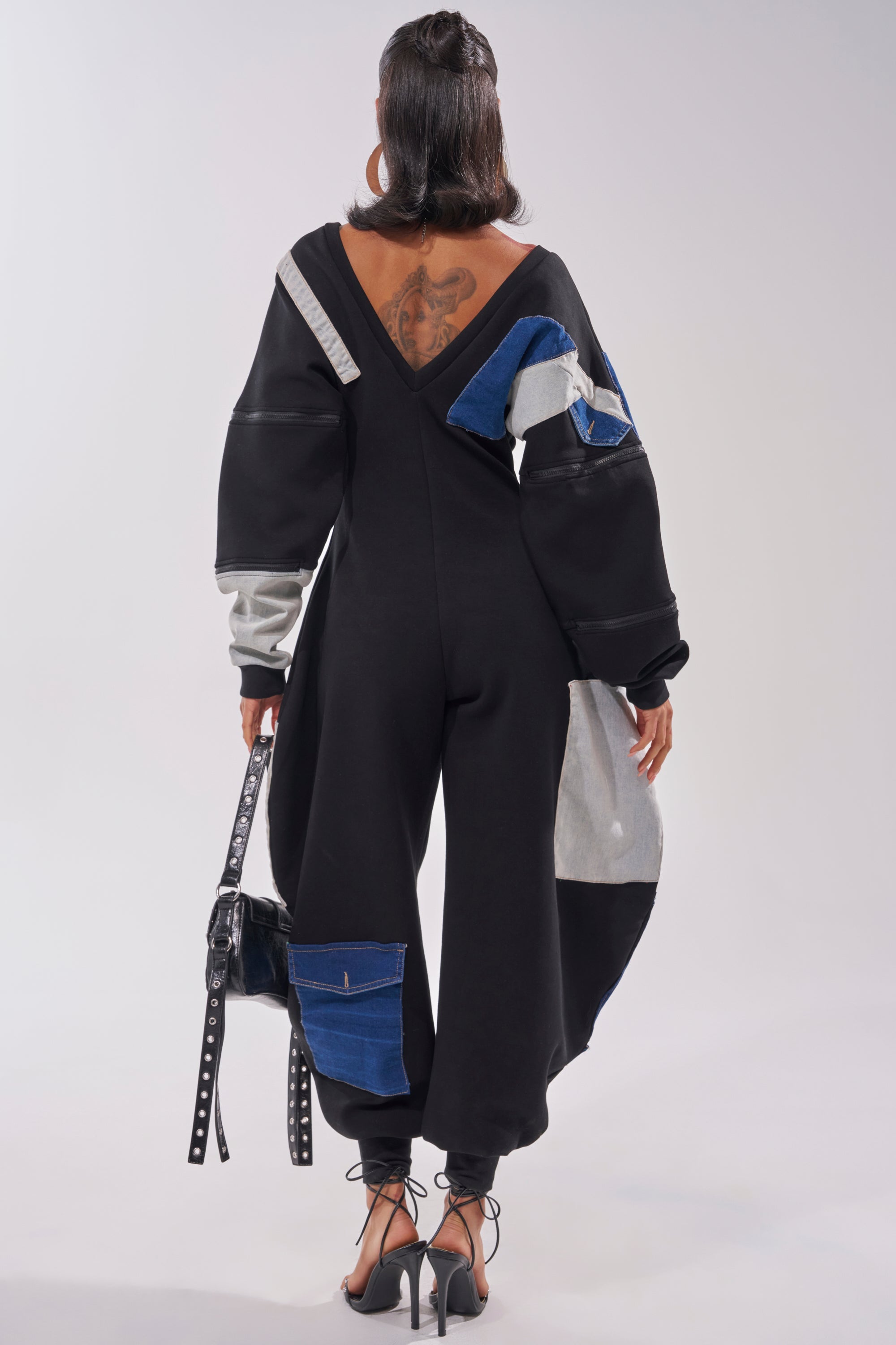 COMFY COZY PATCHWORK JUMPSUIT IN BLACK