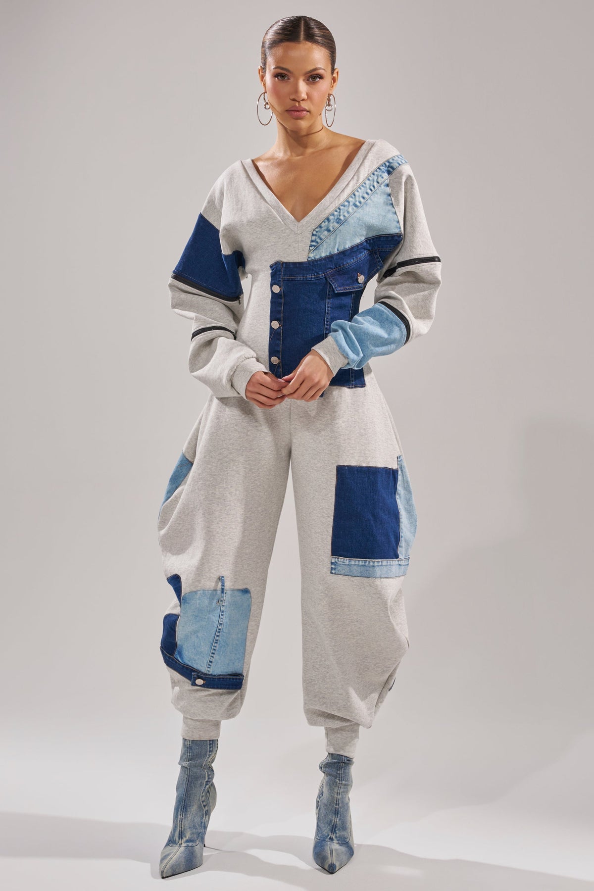COMFY COZY PATCHWORK JUMPSUIT IN HEATHER GREY