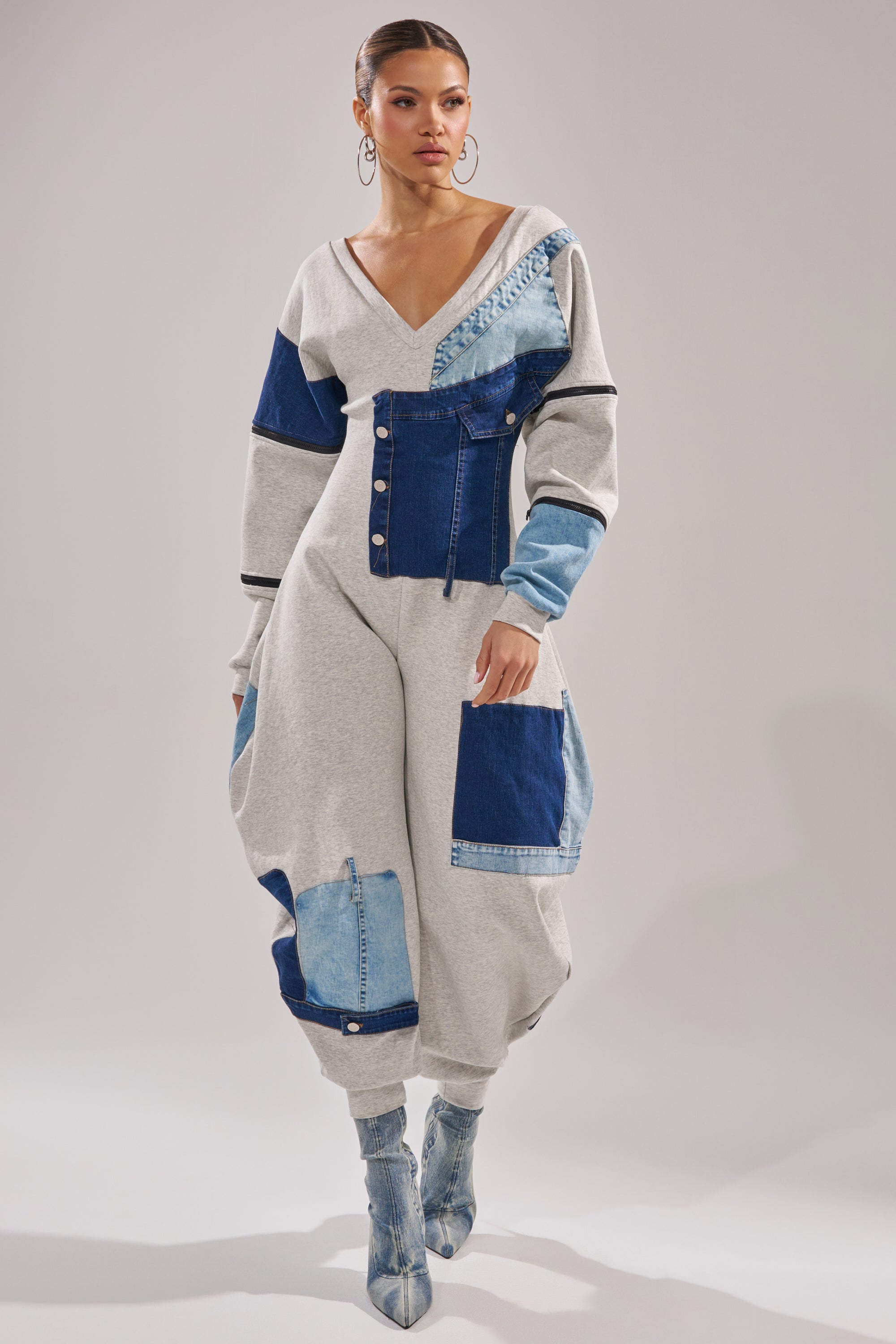 COMFY COZY PATCHWORK JUMPSUIT IN HEATHER GREY