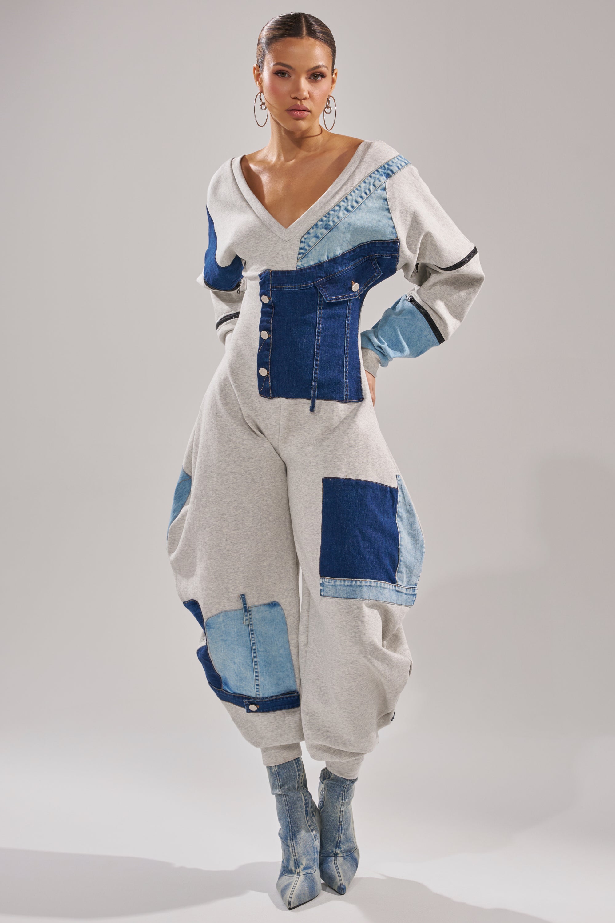 COMFY COZY PATCHWORK JUMPSUIT IN HEATHER GREY