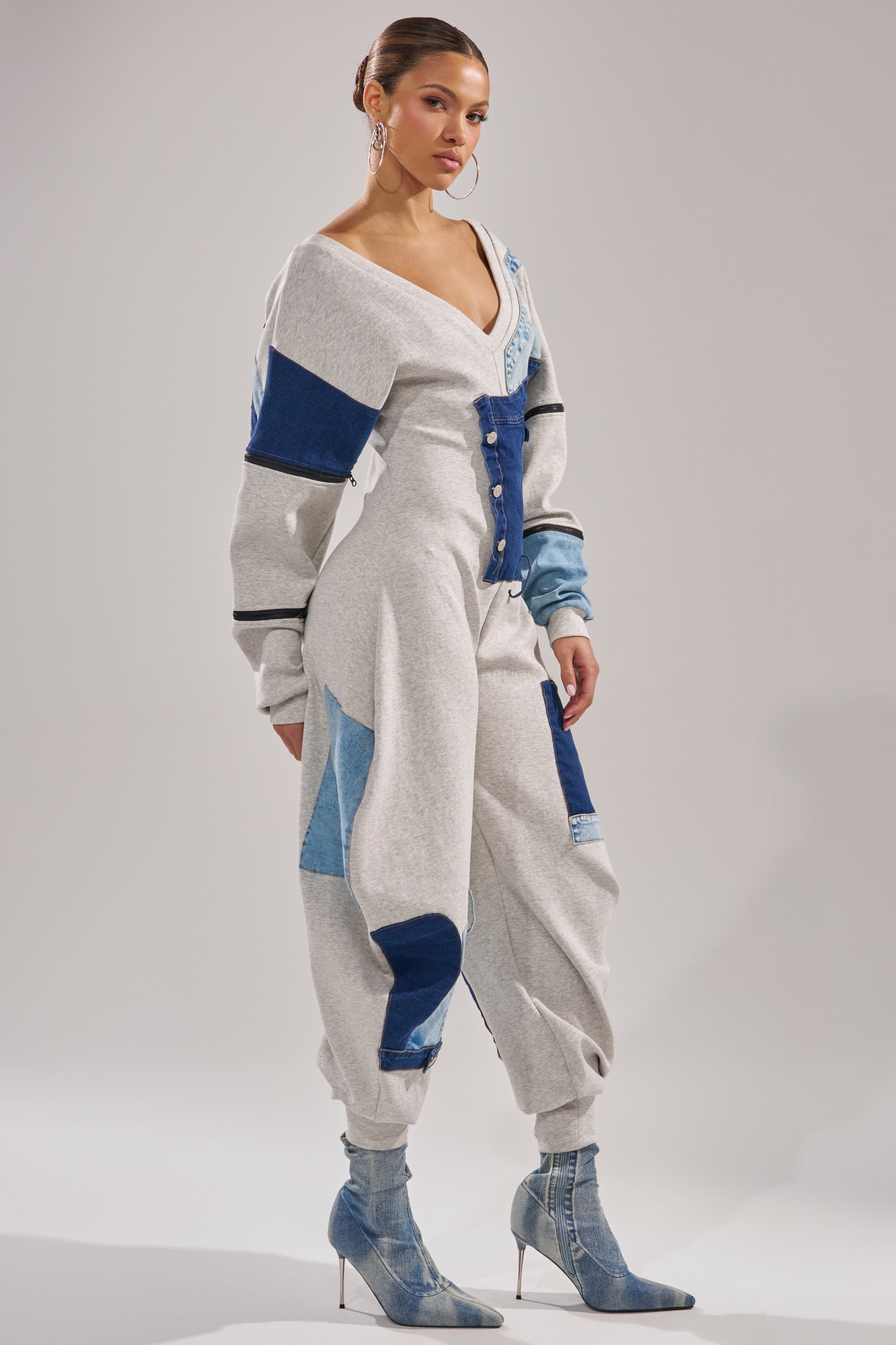 COMFY COZY PATCHWORK JUMPSUIT IN HEATHER GREY