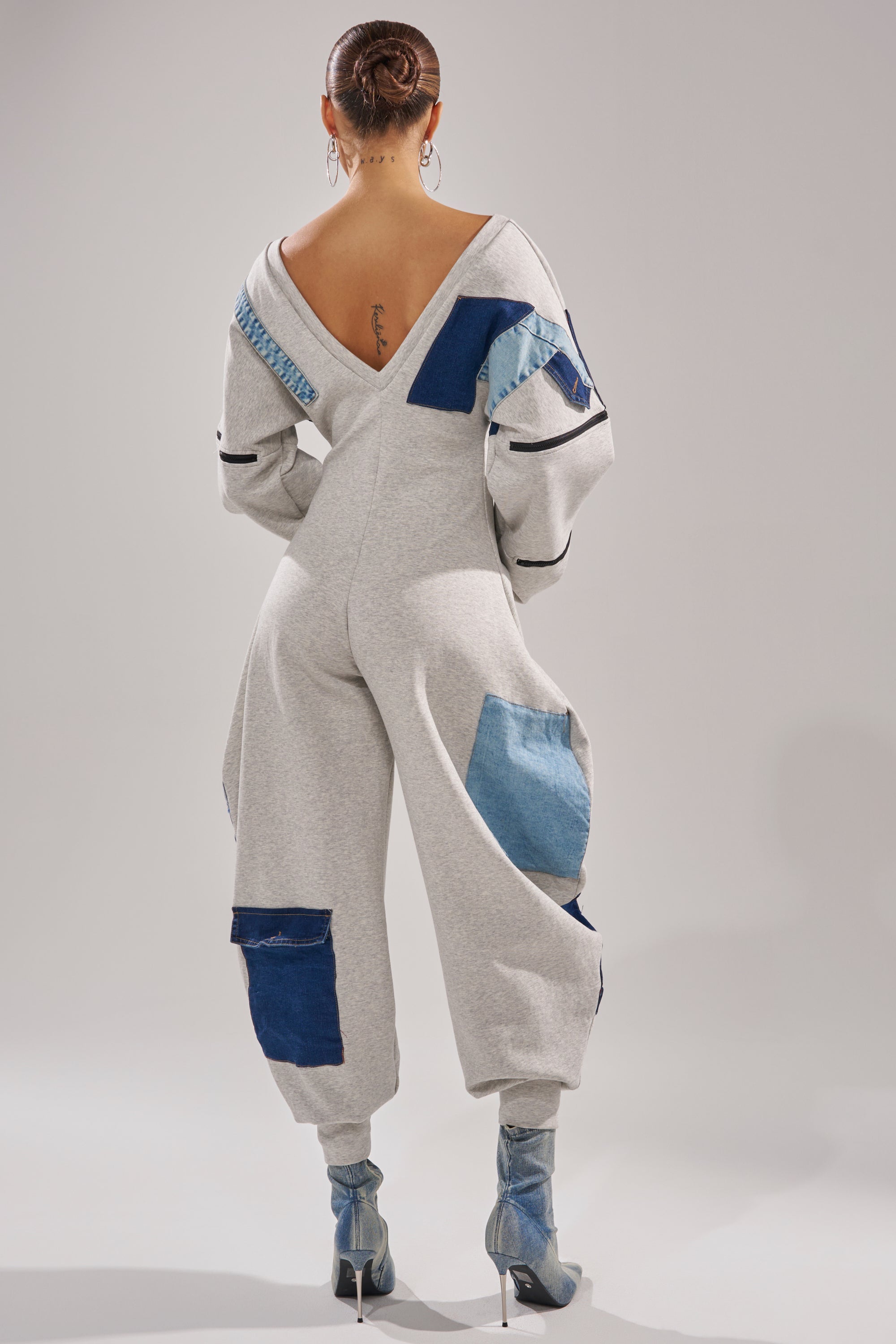 COMFY COZY PATCHWORK JUMPSUIT IN HEATHER GREY