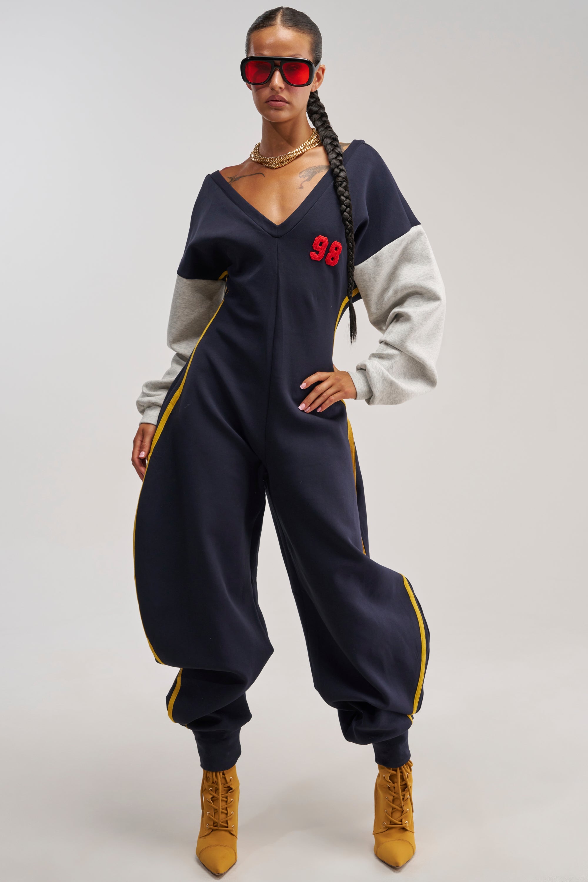 COMFY COZY VARSITY JUMPSUIT IN NAVY