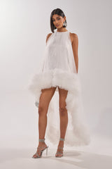 ARI TULLE RUFFLE HIGH LOW MINI DRESS IN WHITE