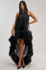 ARI TULLE RUFFLE HIGH LOW DRESS IN BLACK