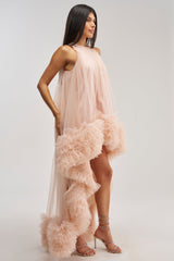 ARI TULLE RUFFLE HIGH LOW MINI DRESS IN BLUSH