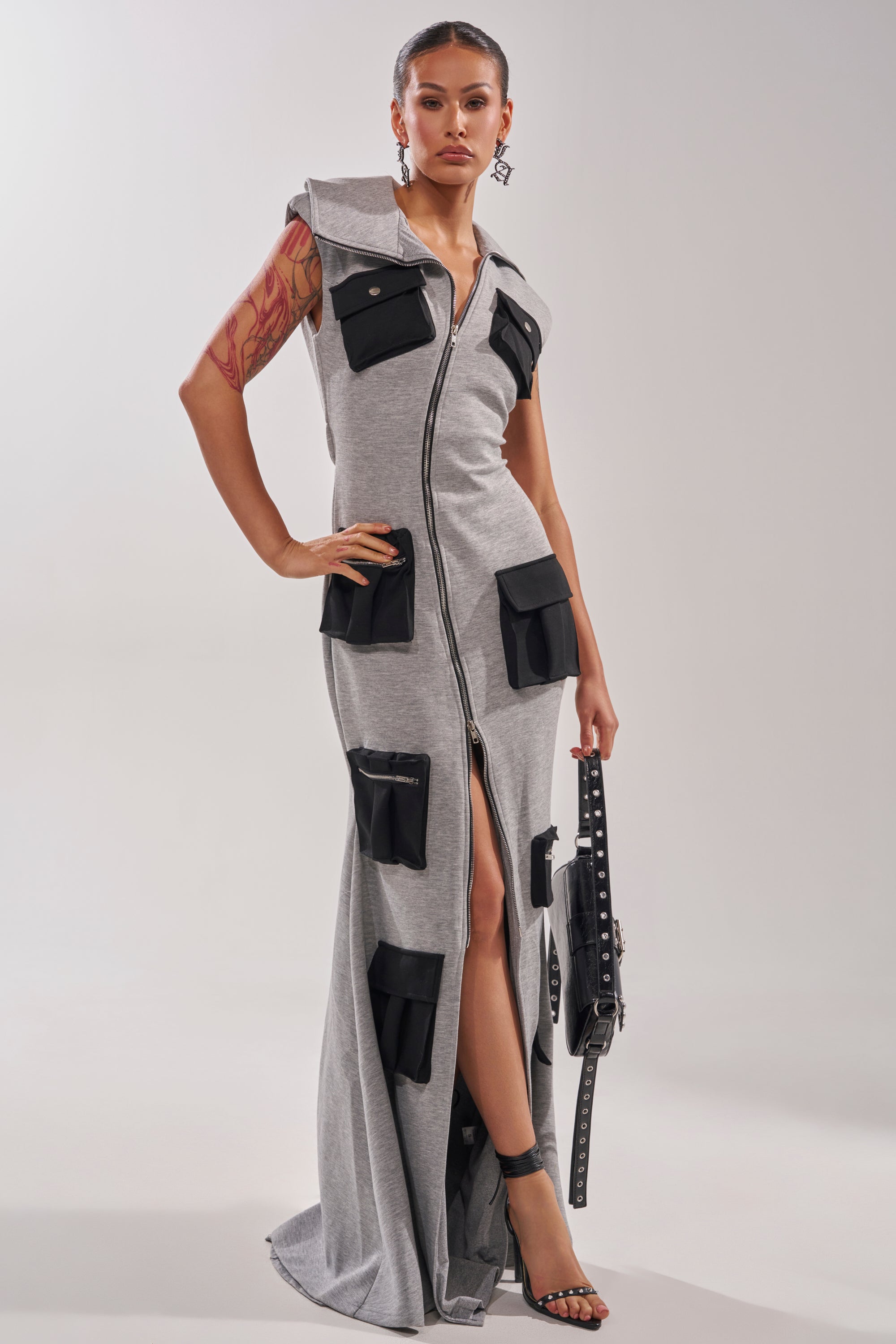 DON'T MESS WITH ME COLLARED MAXI DRESS IN GREY SCUBA