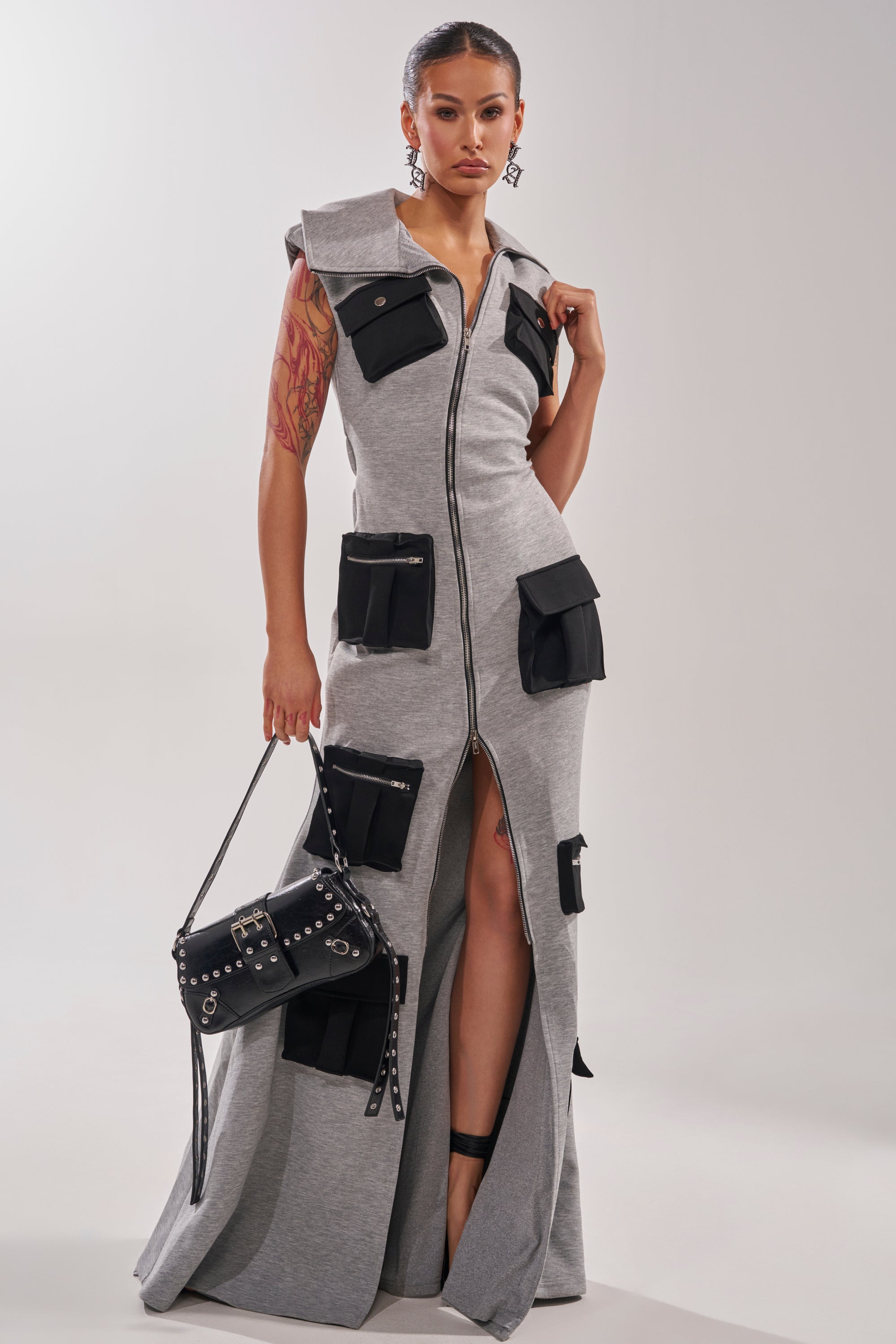 DON'T MESS WITH ME COLLARED MAXI DRESS IN GREY SCUBA