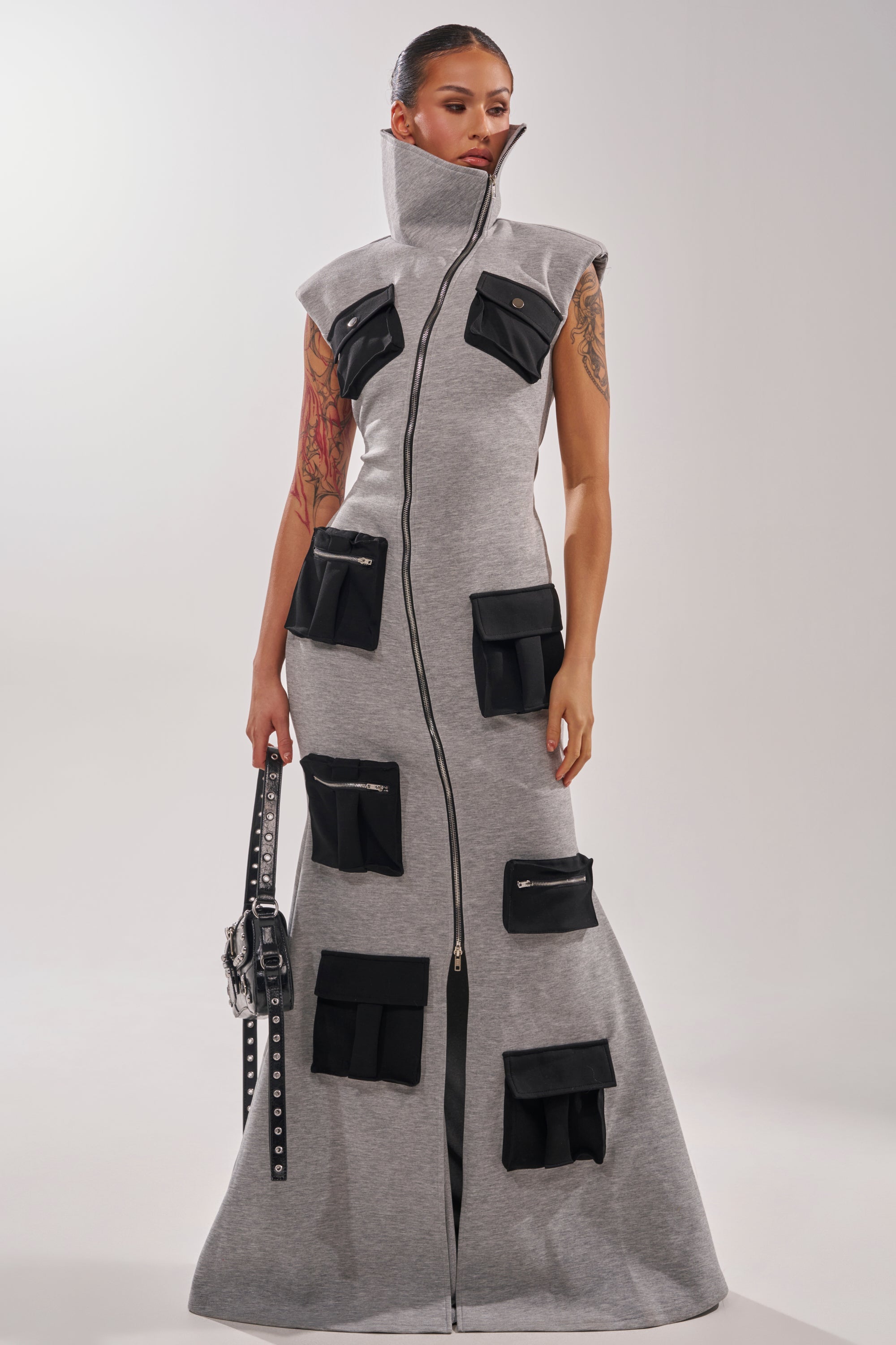DON'T MESS WITH ME COLLARED MAXI DRESS IN GREY SCUBA