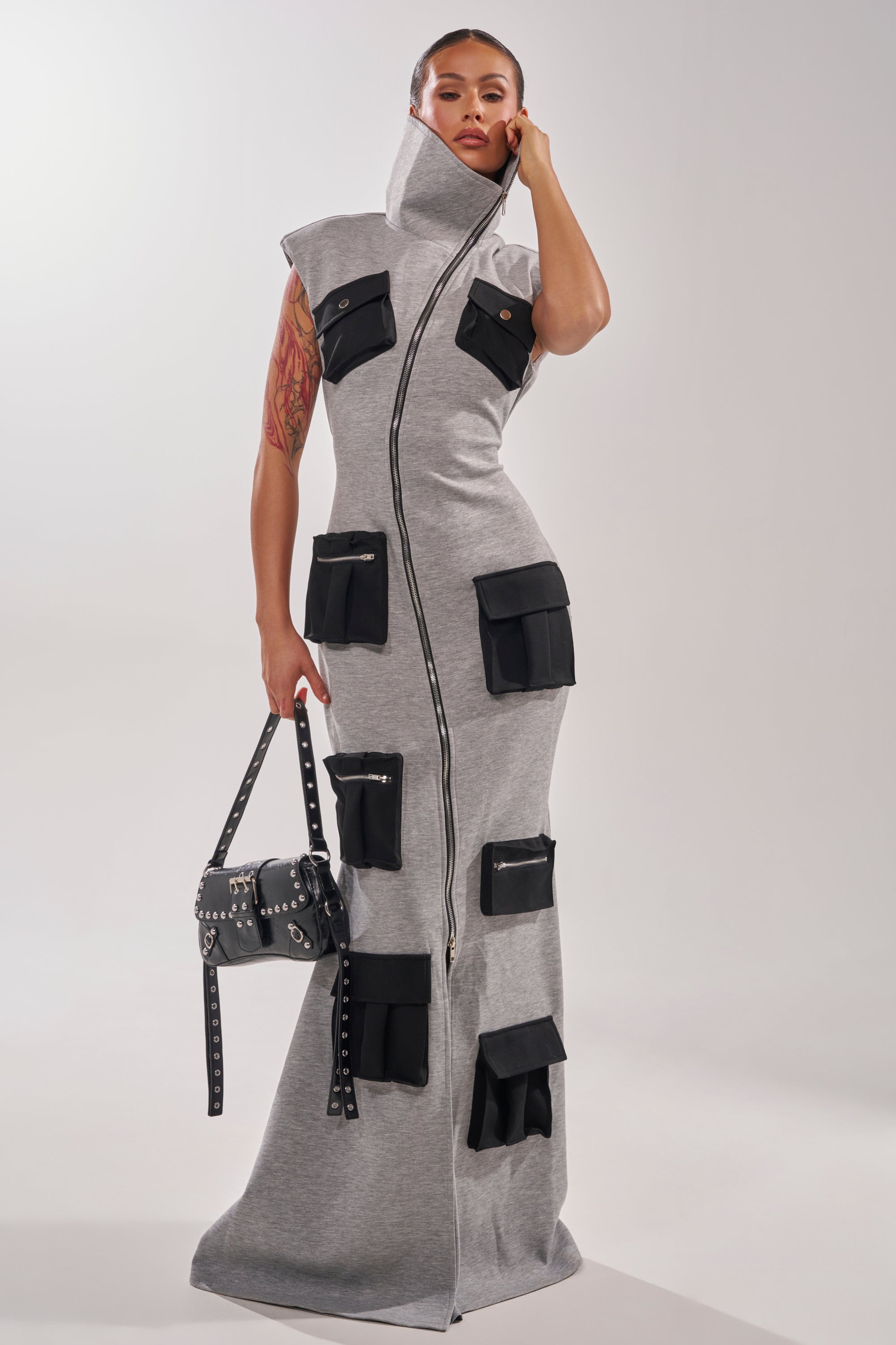 DON'T MESS WITH ME COLLARED MAXI DRESS IN GREY SCUBA