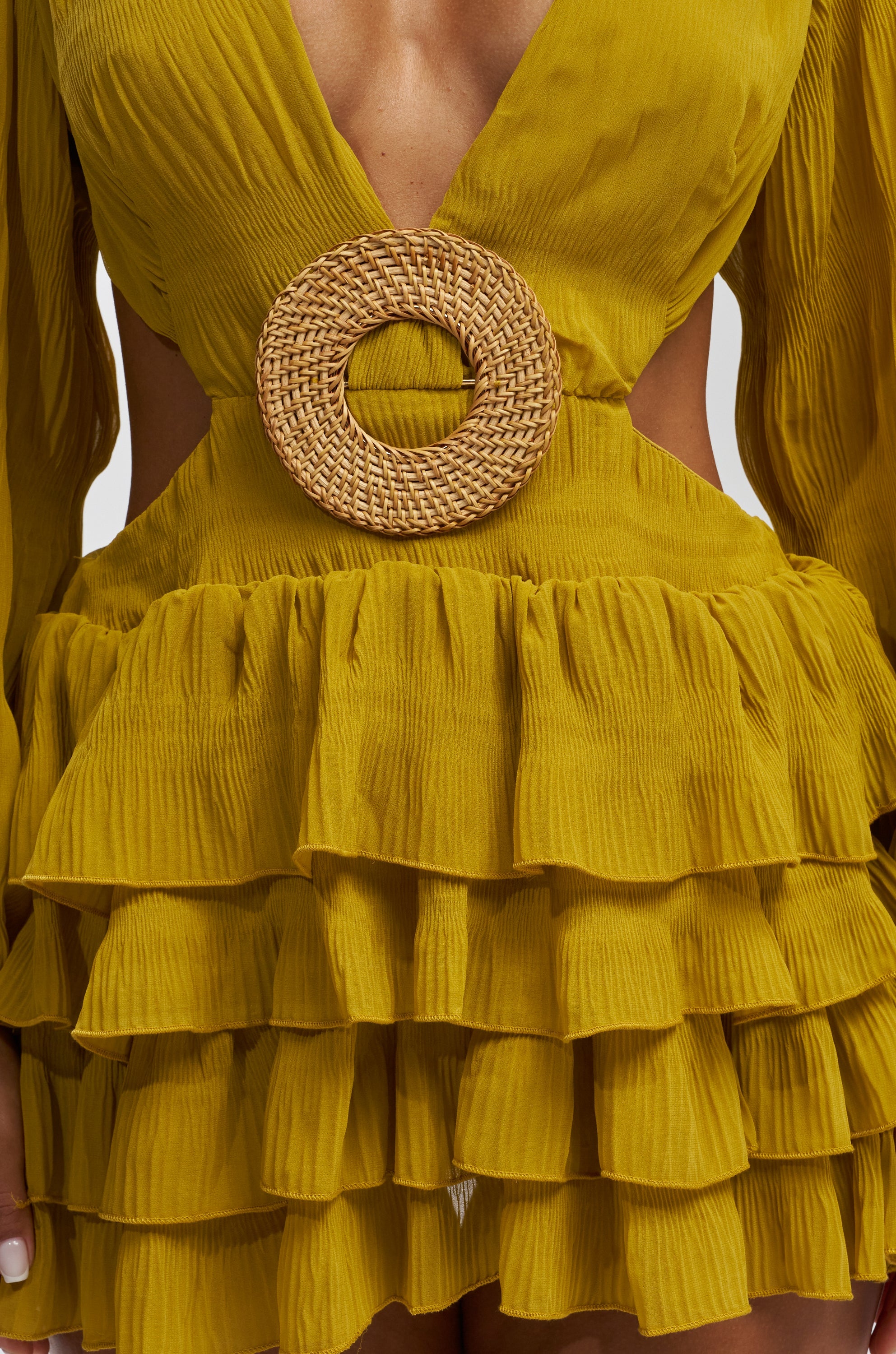 ON ISLAND TIME RUFFLED MINI DRESS IN CHARTREUSE