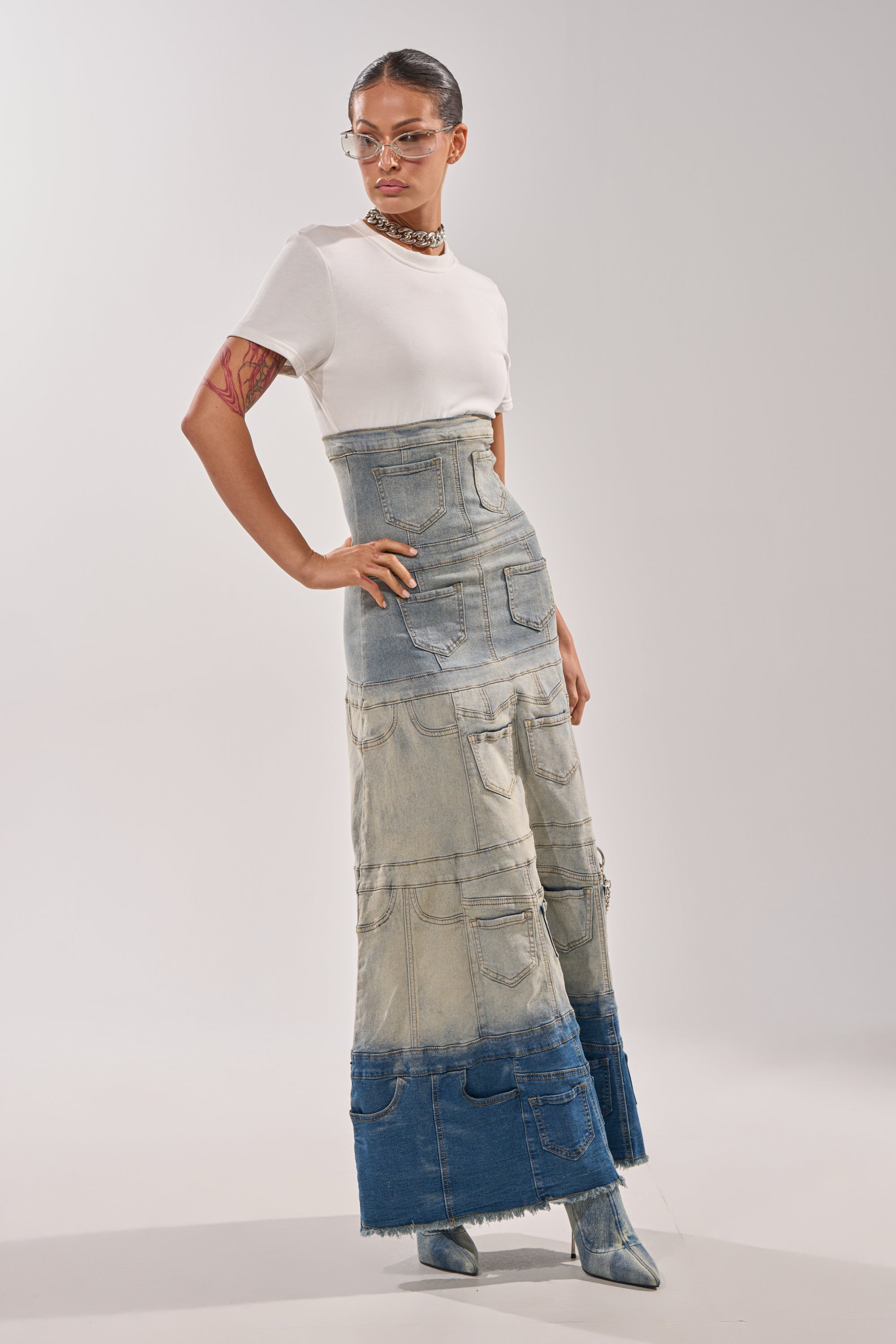 DENIM ON DENIM LAYERED MAXI DRESS