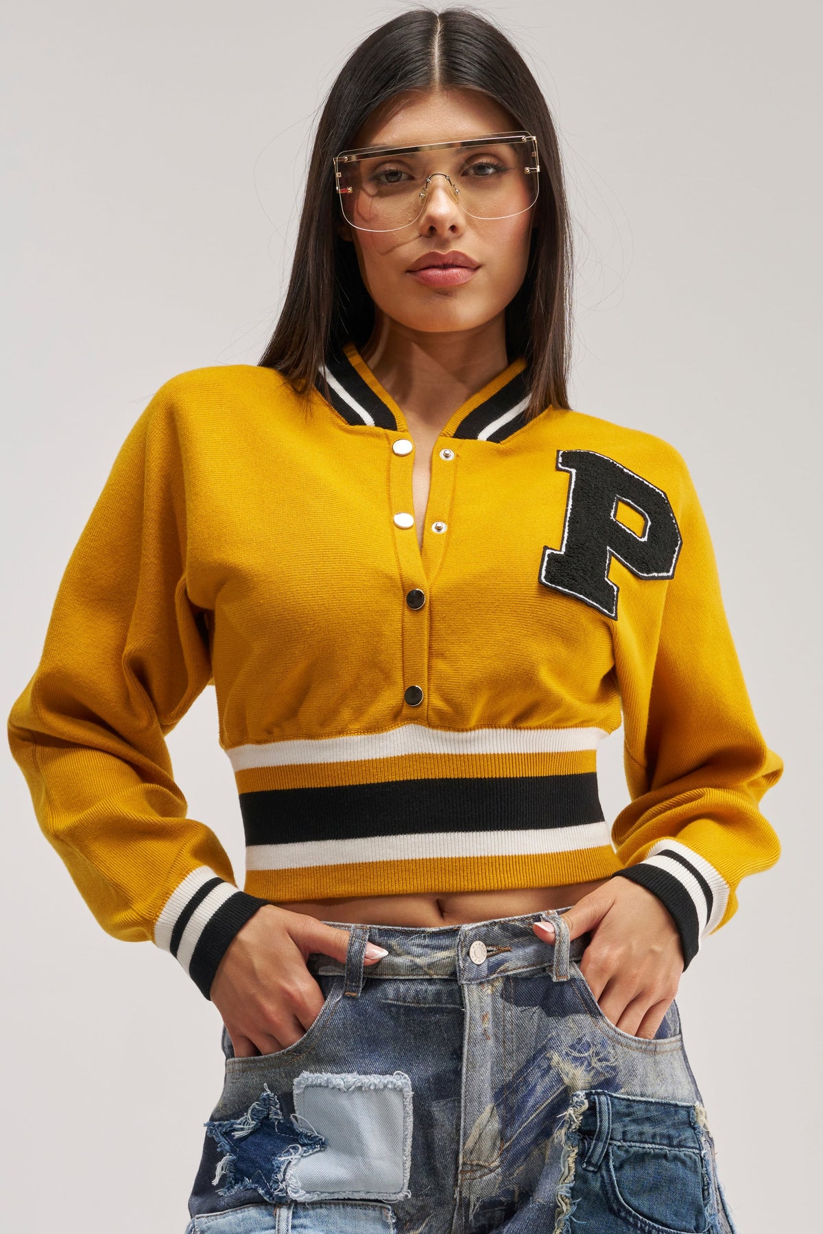 VARSITY TEAM BUTTON DOWN SWEATER IN MUSTARD