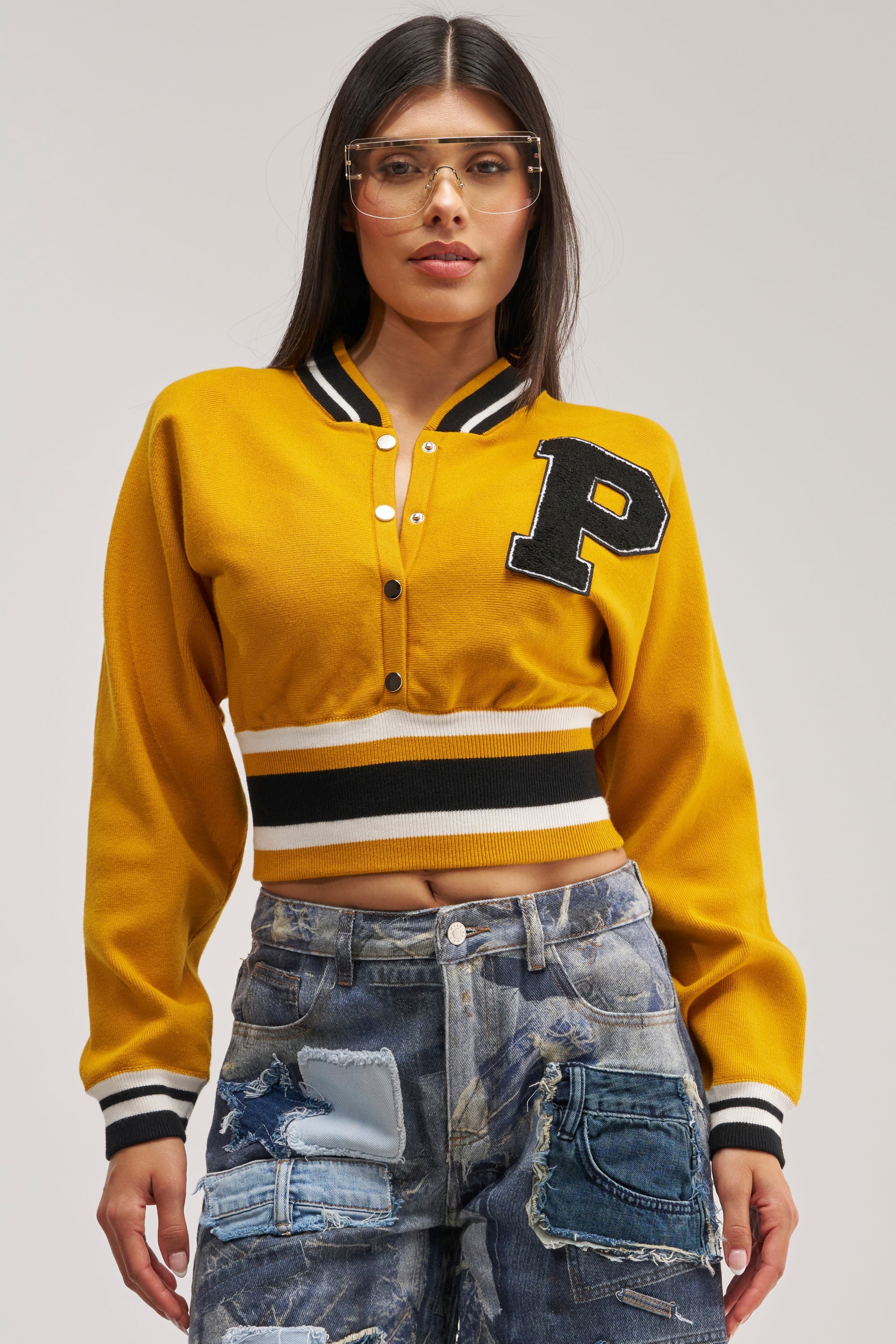VARSITY TEAM BUTTON DOWN SWEATER IN MUSTARD