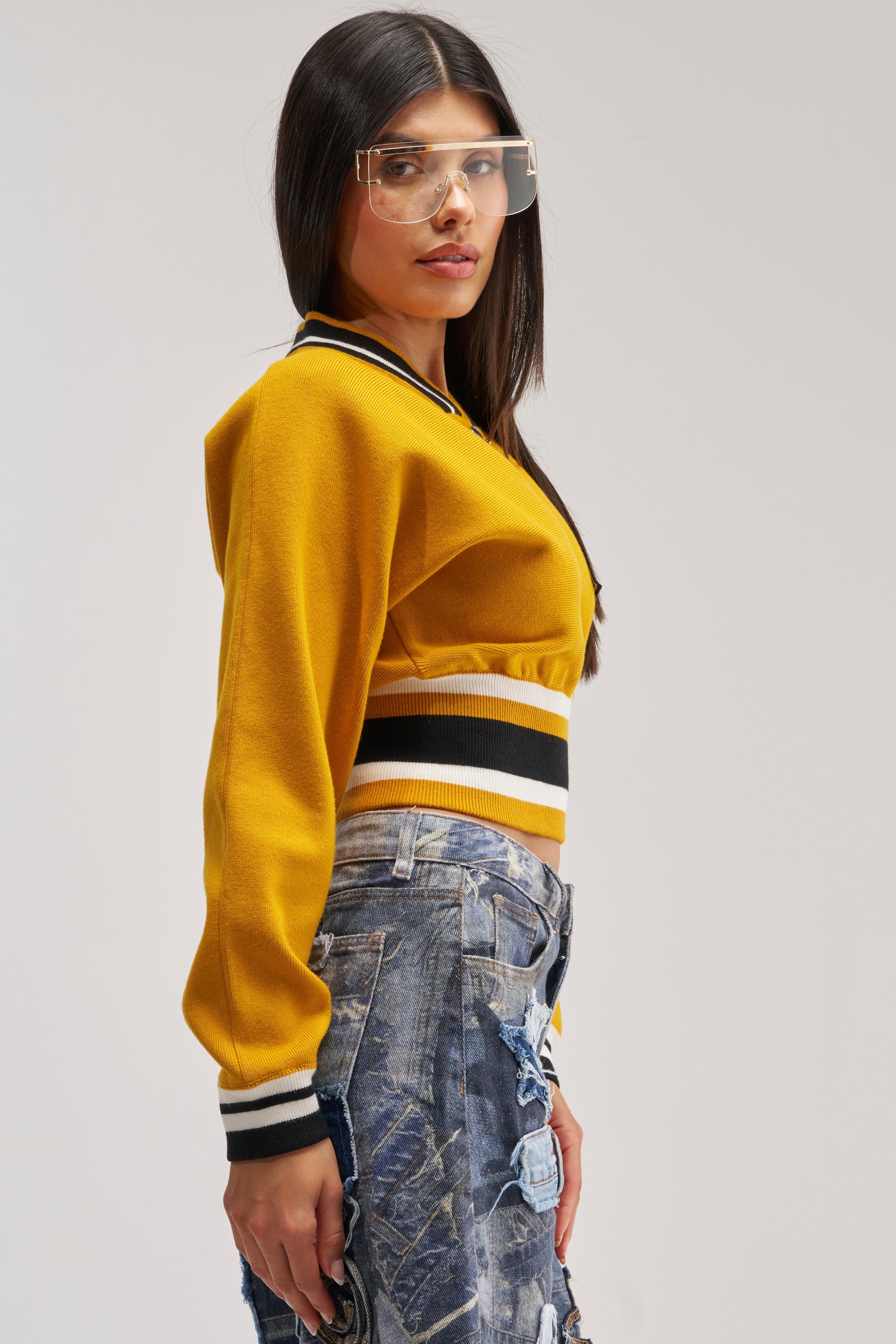 VARSITY TEAM BUTTON DOWN SWEATER IN MUSTARD