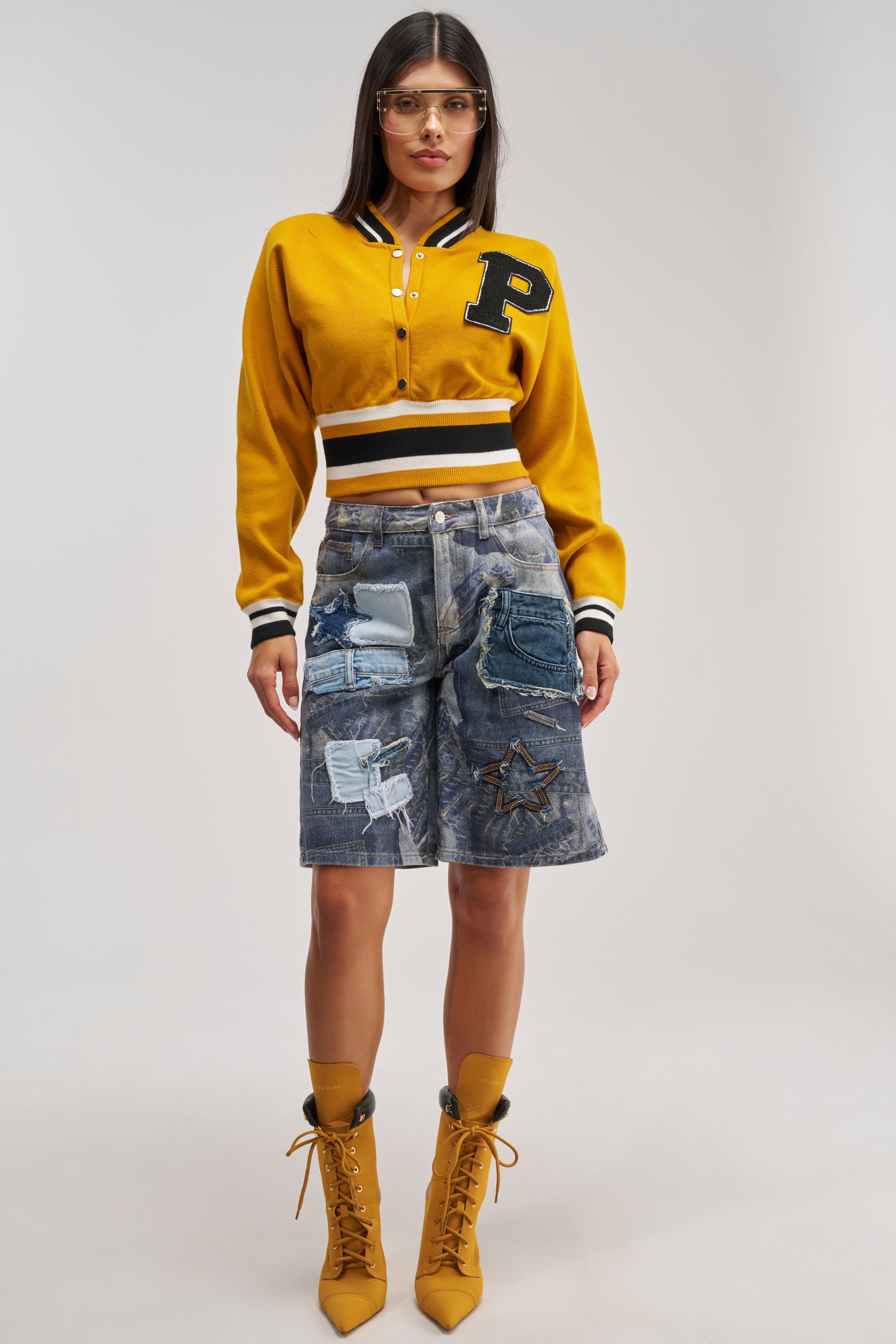VARSITY TEAM BUTTON DOWN SWEATER IN MUSTARD
