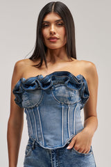 SOMETHING DIFFERENT DENIM CORSET WITH ZIPPER DETAIL IN MEDIUM BLUE DENIM