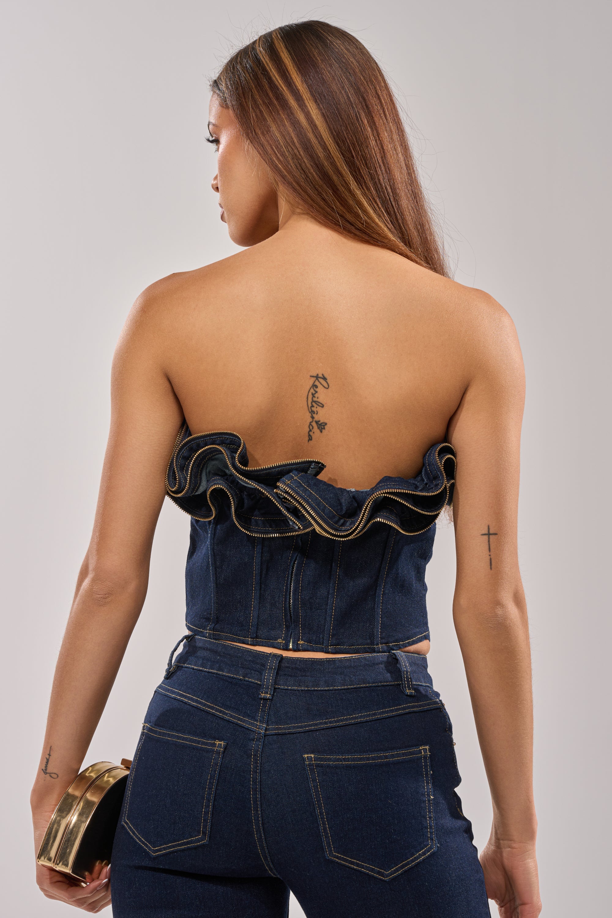 SOMETHING DIFFERENT DENIM CORSET WITH ZIPPER DETAIL