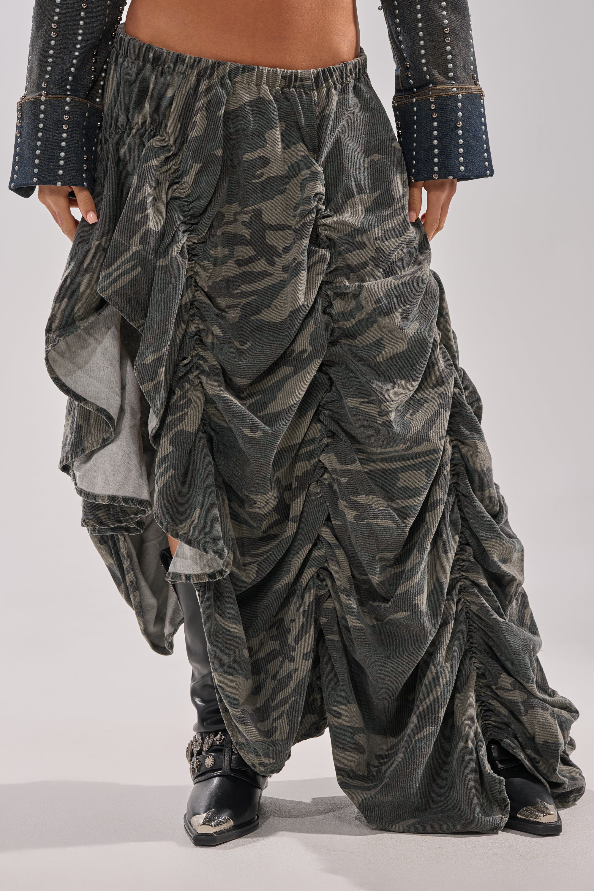 LETS CHANGE IT UP RUCHED MIDI SKIRT IN CAMO