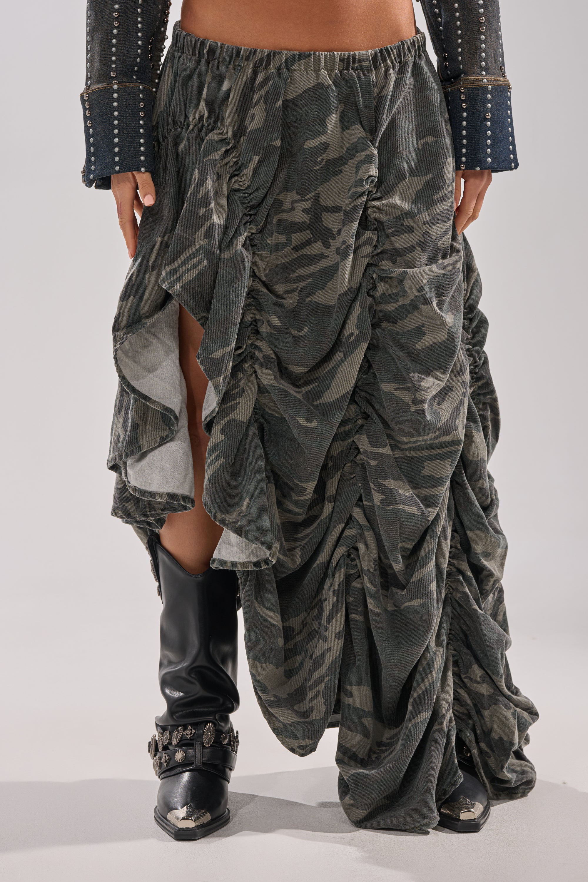 LETS CHANGE IT UP RUCHED MIDI SKIRT IN CAMO