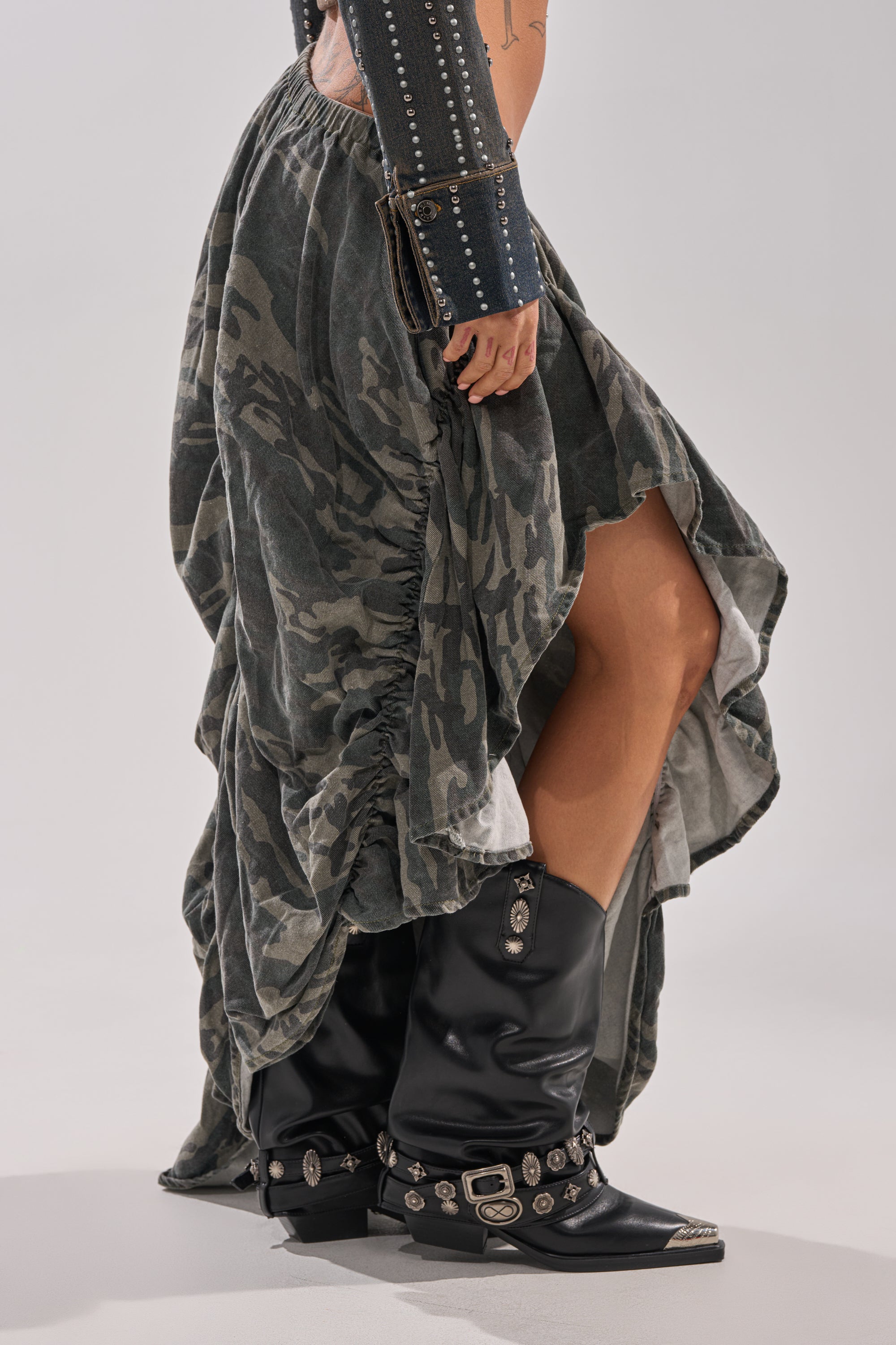LETS CHANGE IT UP RUCHED MIDI SKIRT IN CAMO