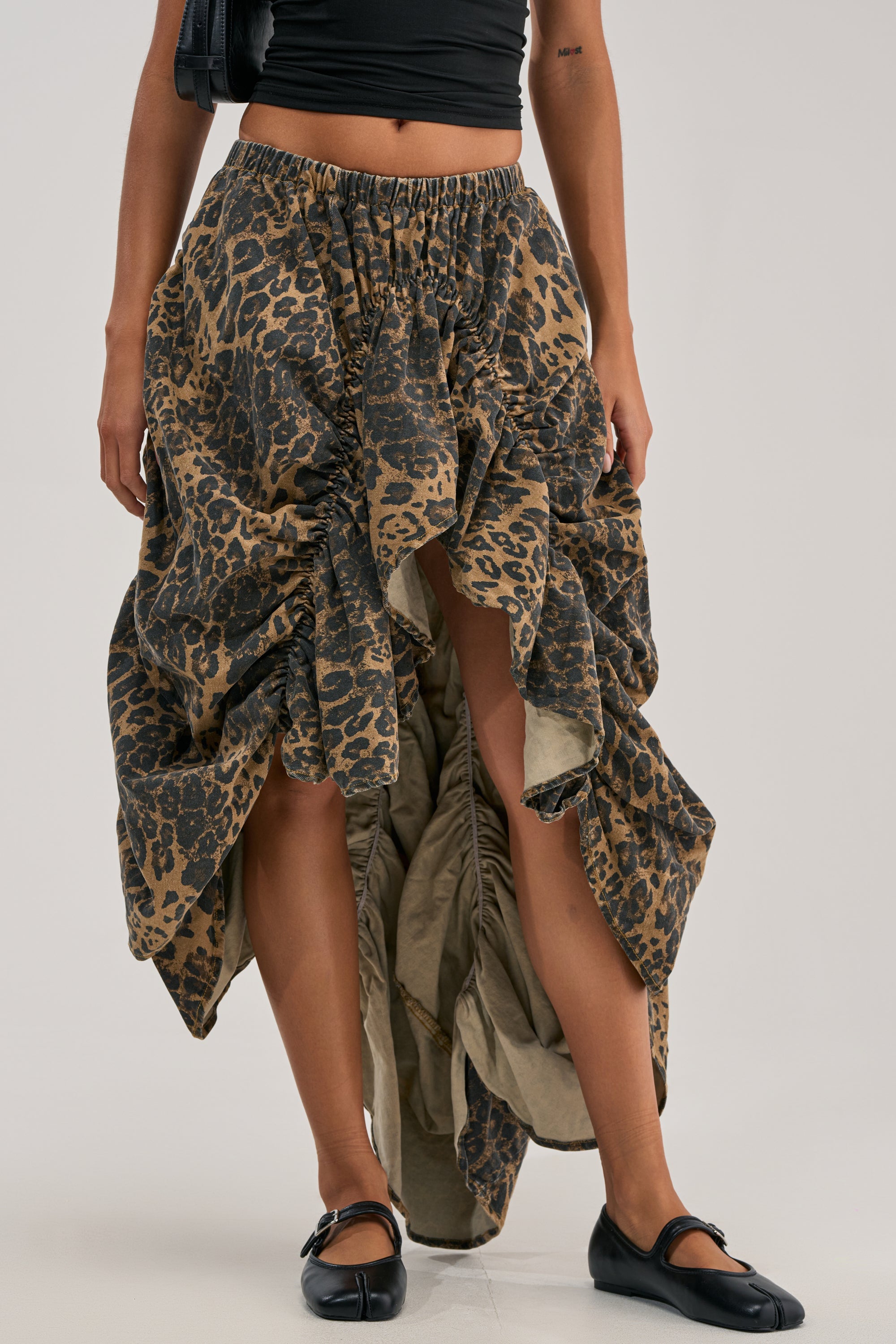 IN TO THE WILD CHEETAH RUCHED MIDI SKIRT