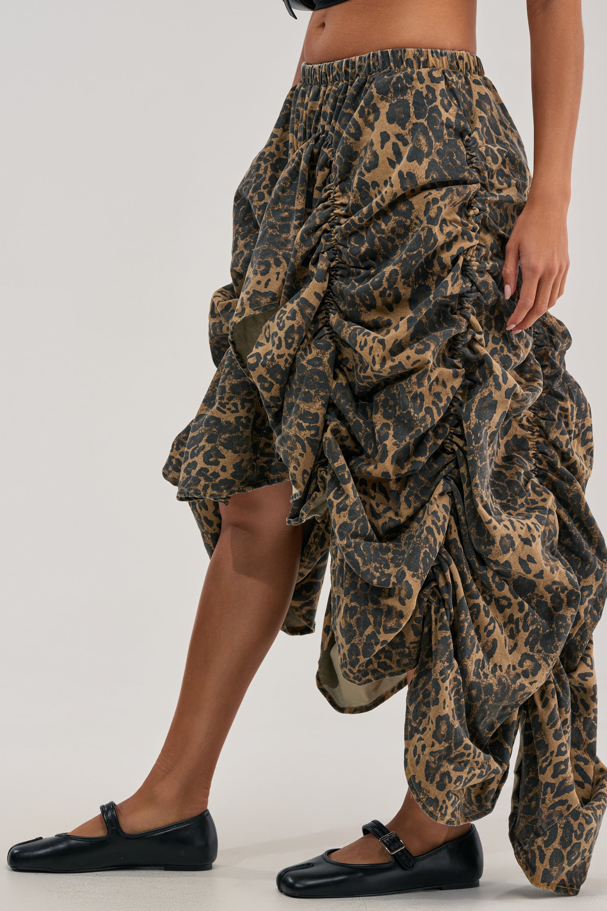 IN TO THE WILD CHEETAH RUCHED MIDI SKIRT