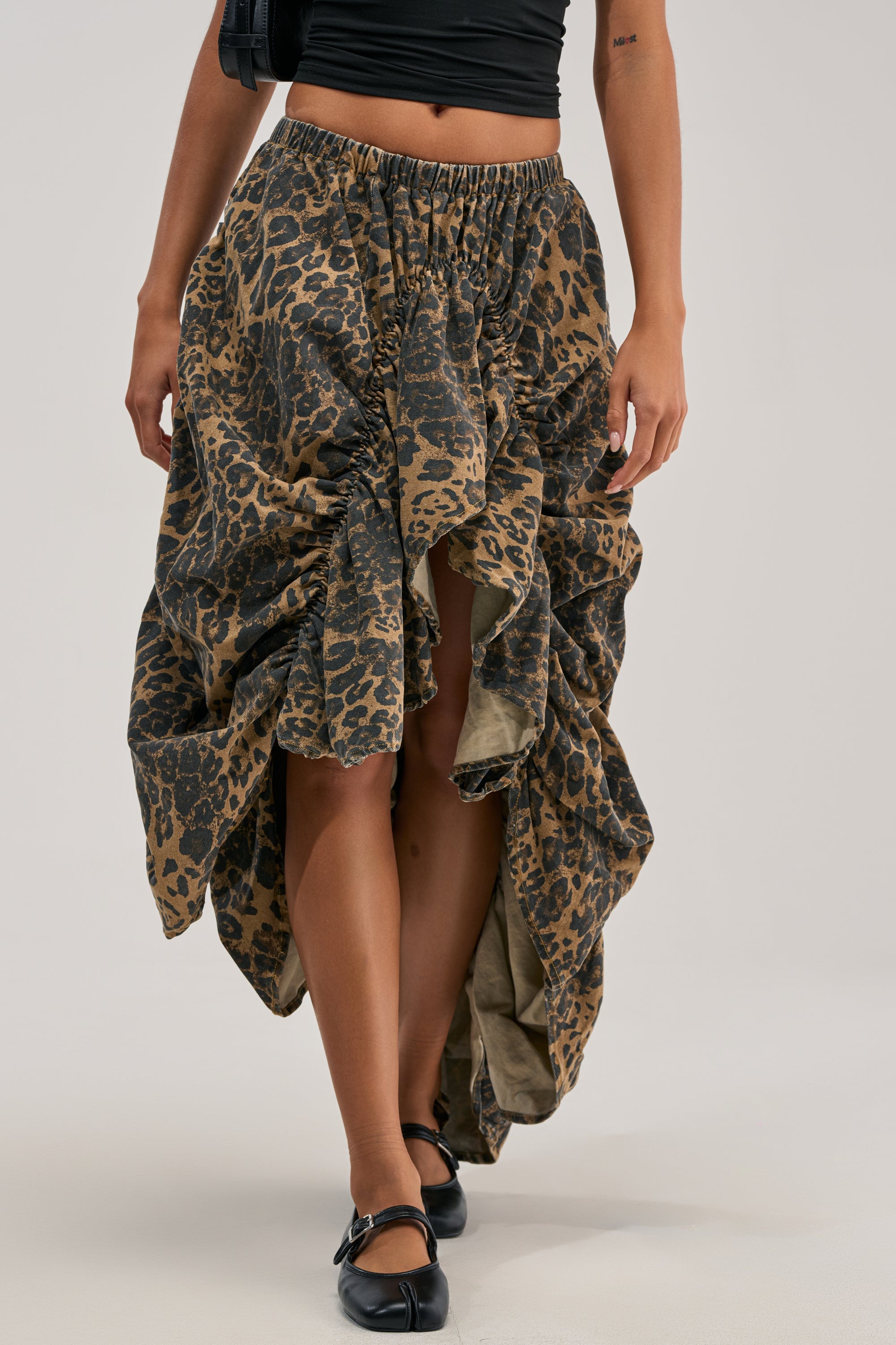 IN TO THE WILD CHEETAH RUCHED MIDI SKIRT
