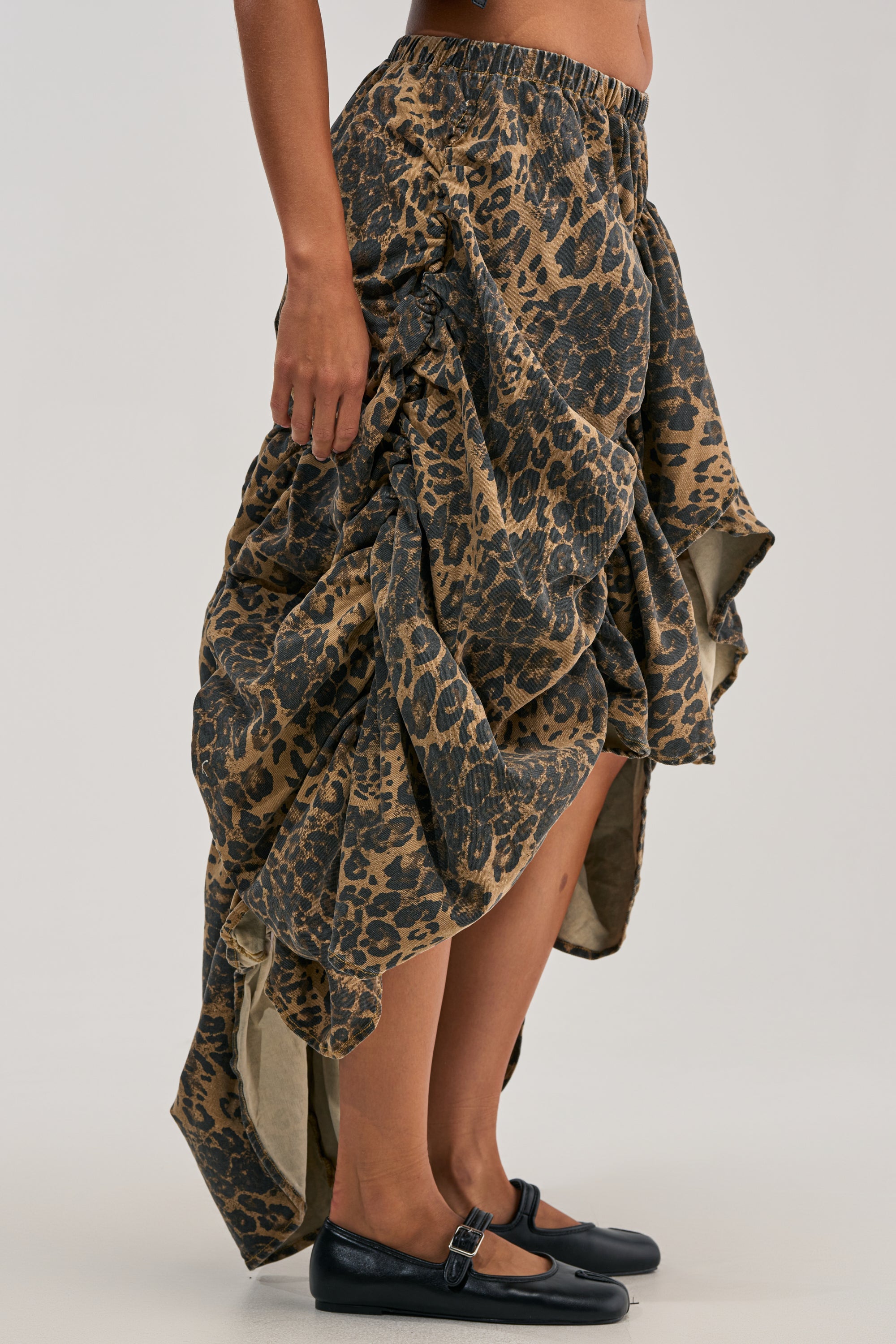 IN TO THE WILD CHEETAH RUCHED MIDI SKIRT