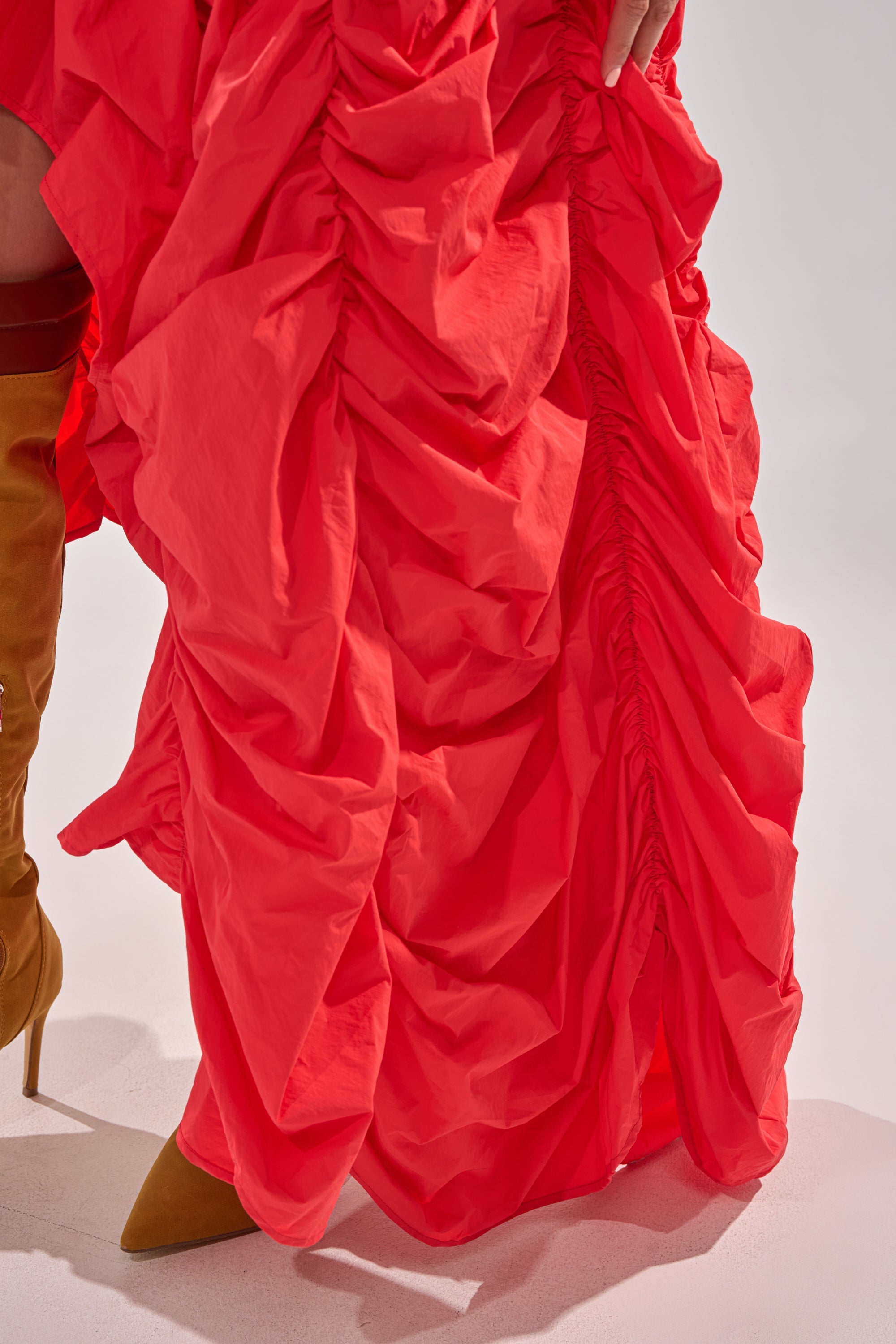 LETS CHANGE IT UP RUCHED MIDI SKIRT IN RED