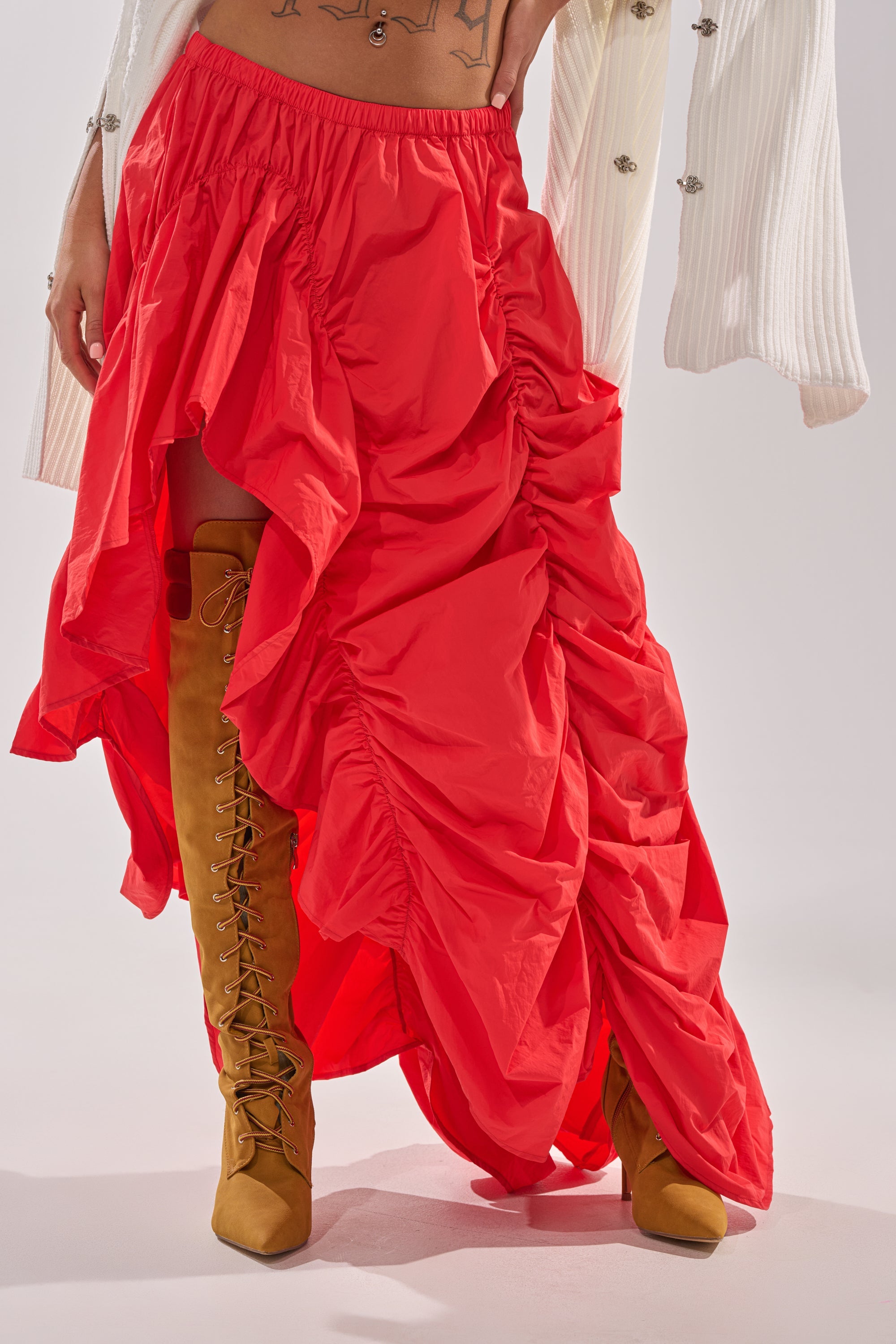 LETS CHANGE IT UP RUCHED MIDI SKIRT IN RED