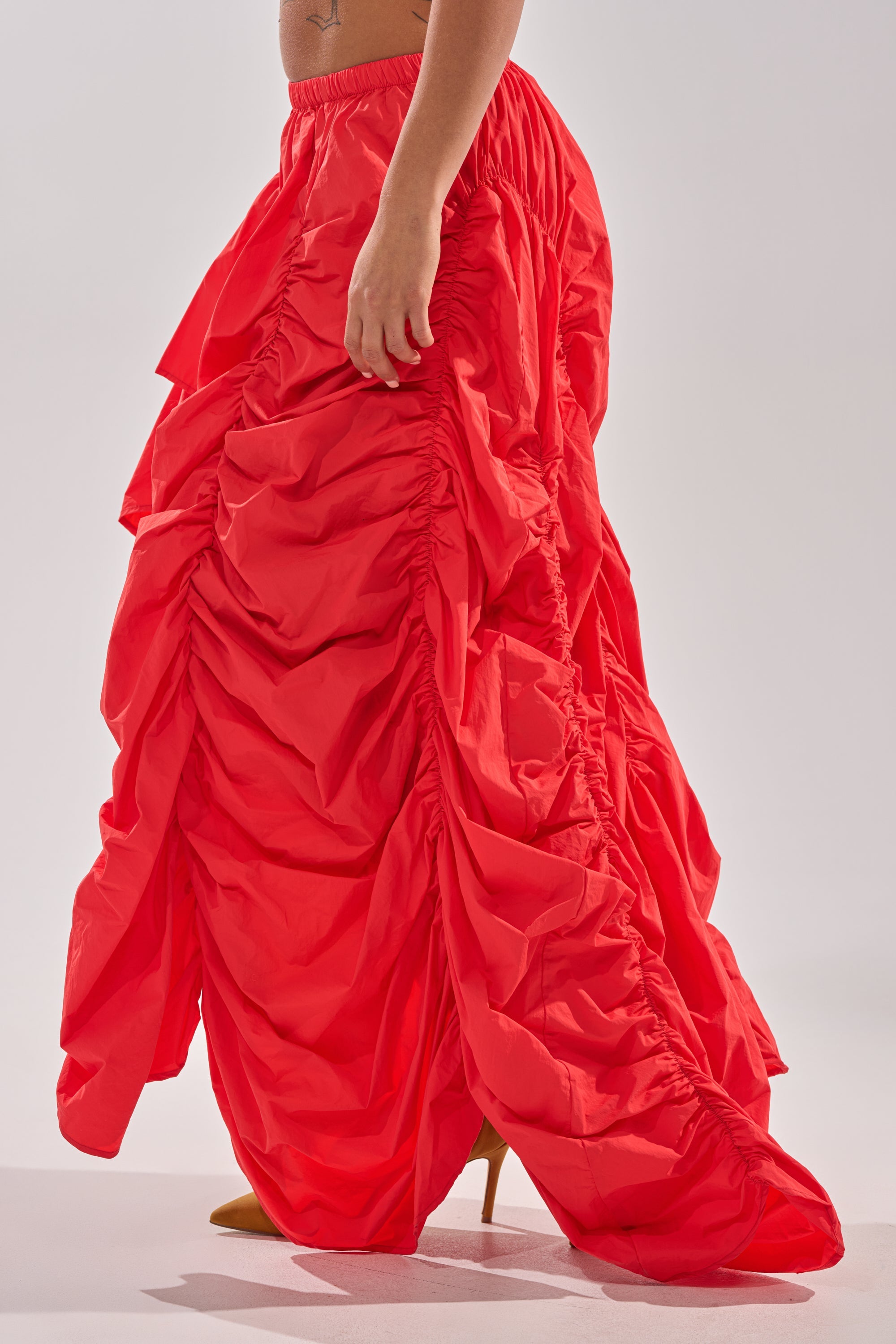 LETS CHANGE IT UP RUCHED MIDI SKIRT IN RED