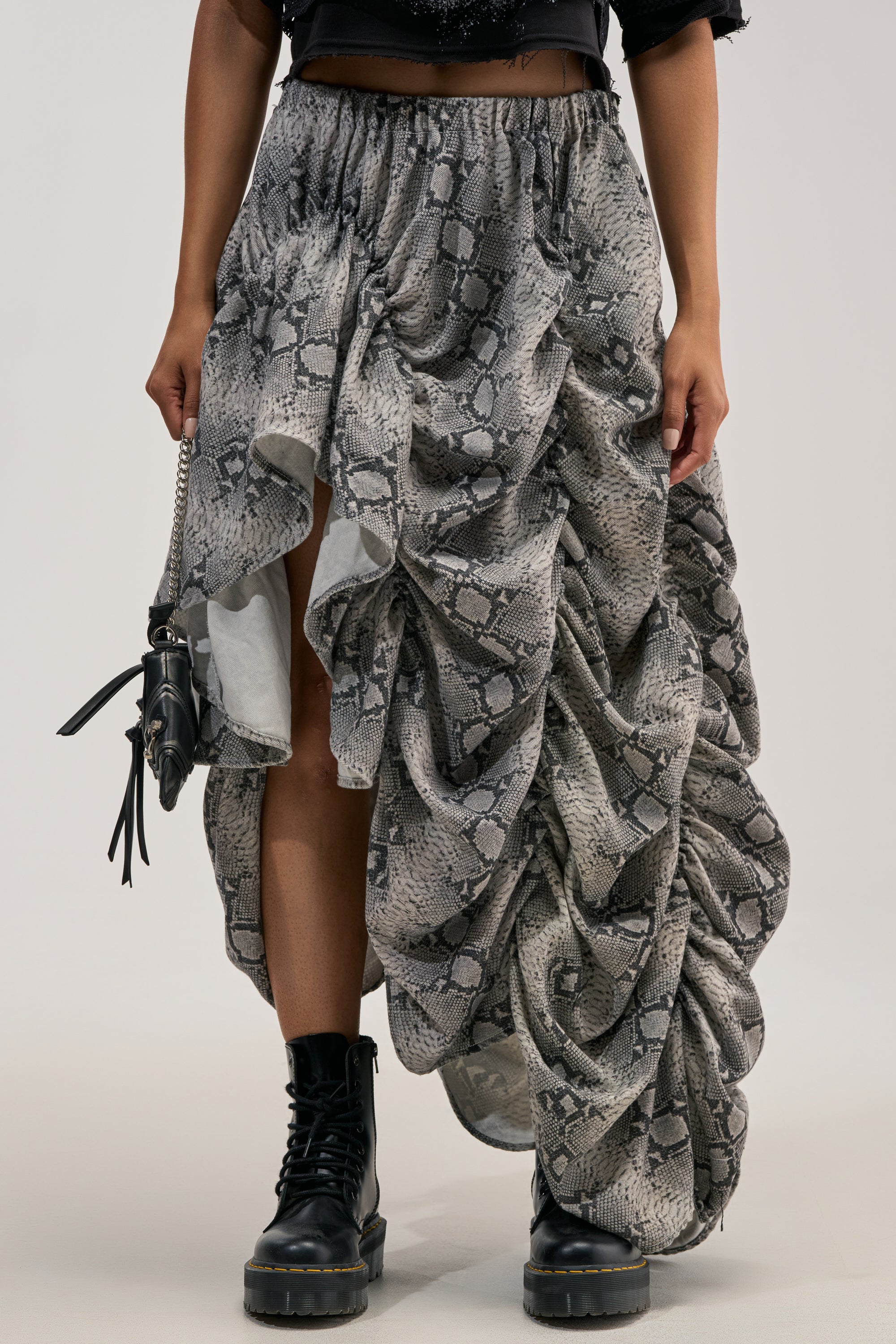 LETS CHANGE IT UP RUCHED MIDI SKIRT IN SNAKE