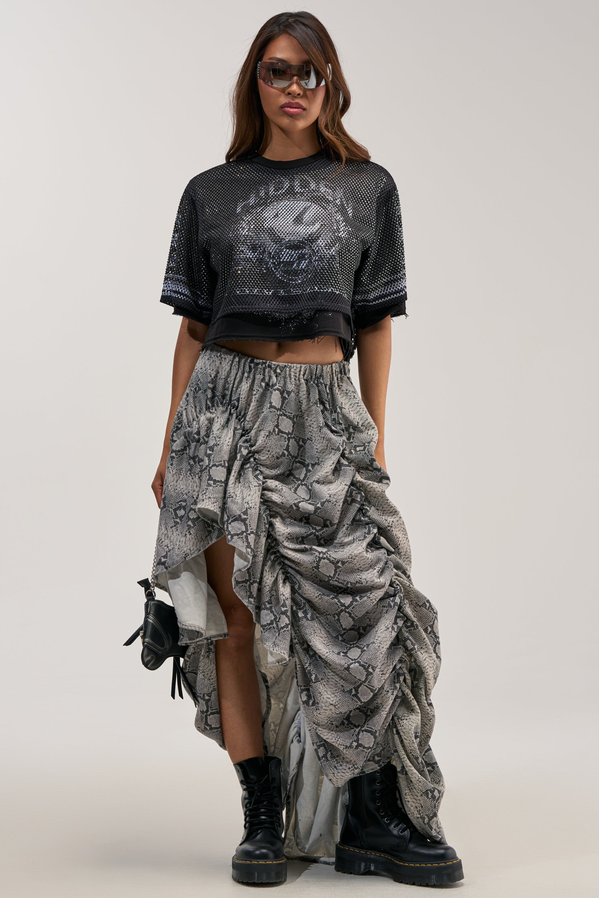 LETS CHANGE IT UP RUCHED MIDI SKIRT IN SNAKE