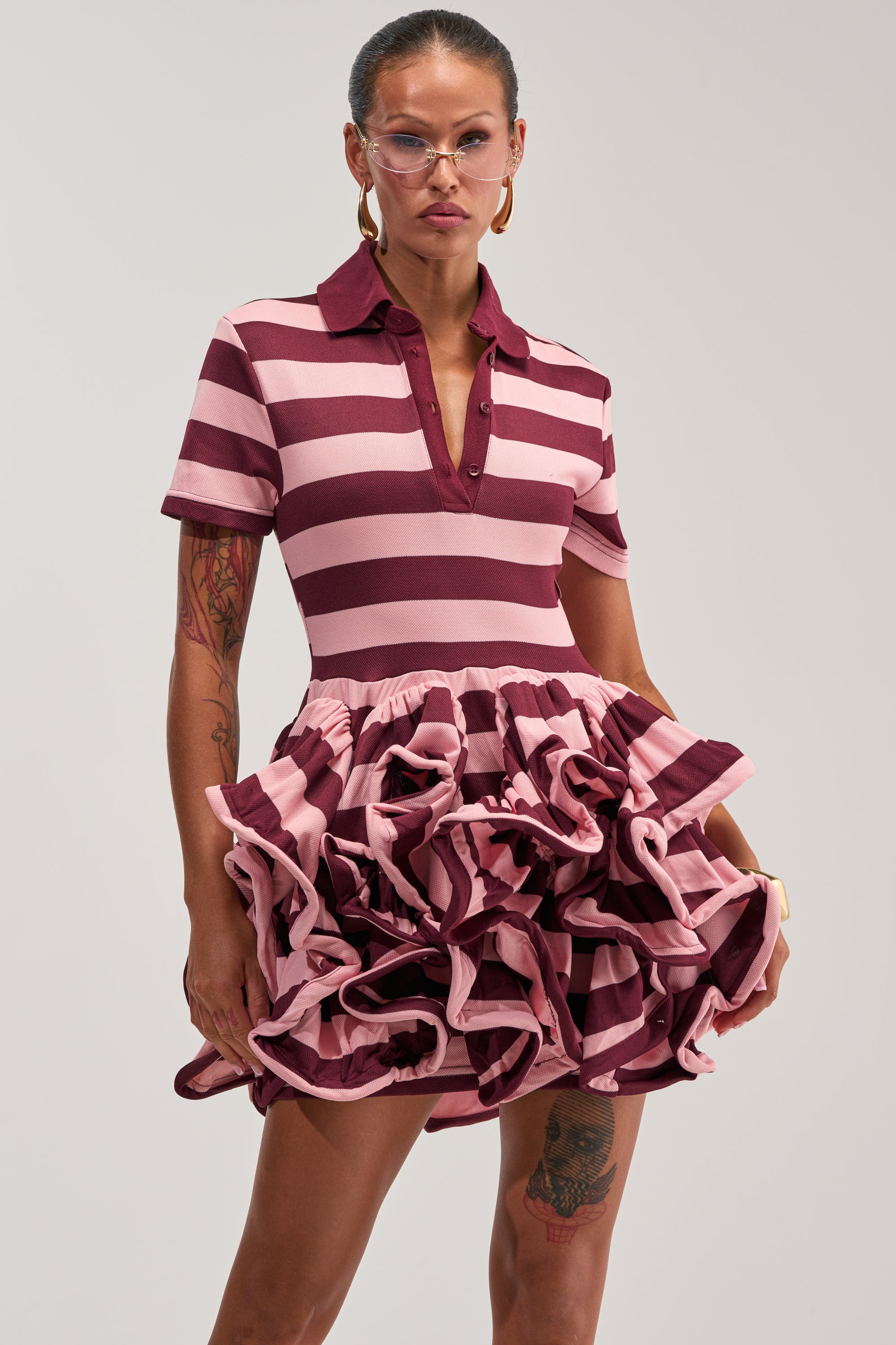 OFFICE SIREN STRIPED SHIRT DRESS IN BURGUNDY